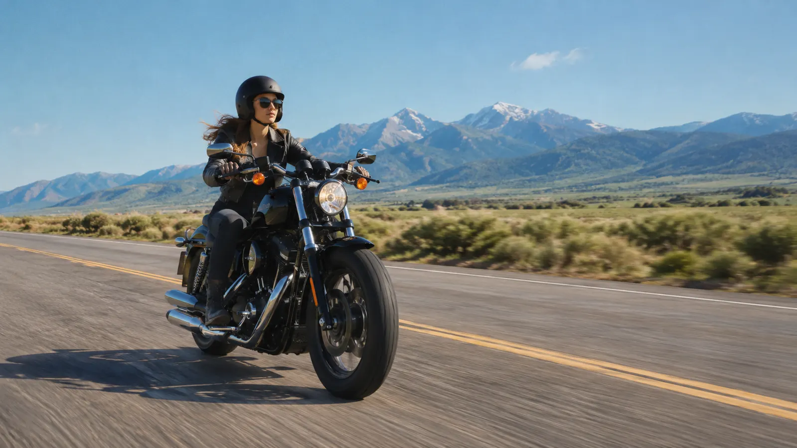 A rider on a motorcycle riding down a highway with mountains in the distance