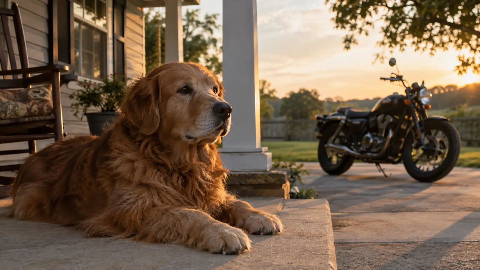 A large dog resting on a porch while a motorcycle is parked in the driveway