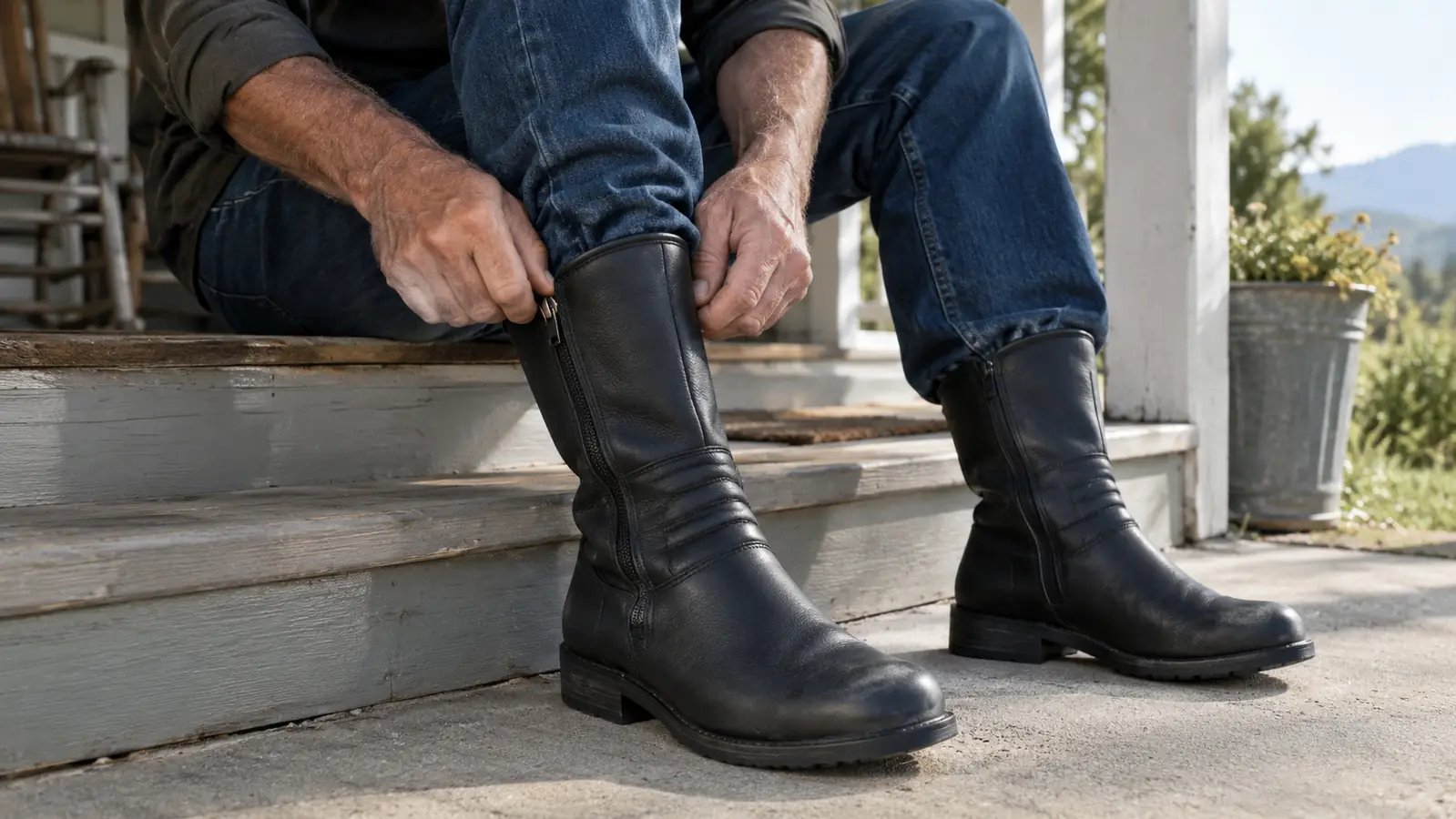 A rider's hands pulling on a zippered mid-calf motorcycle boot while sitting on the edge of a porch