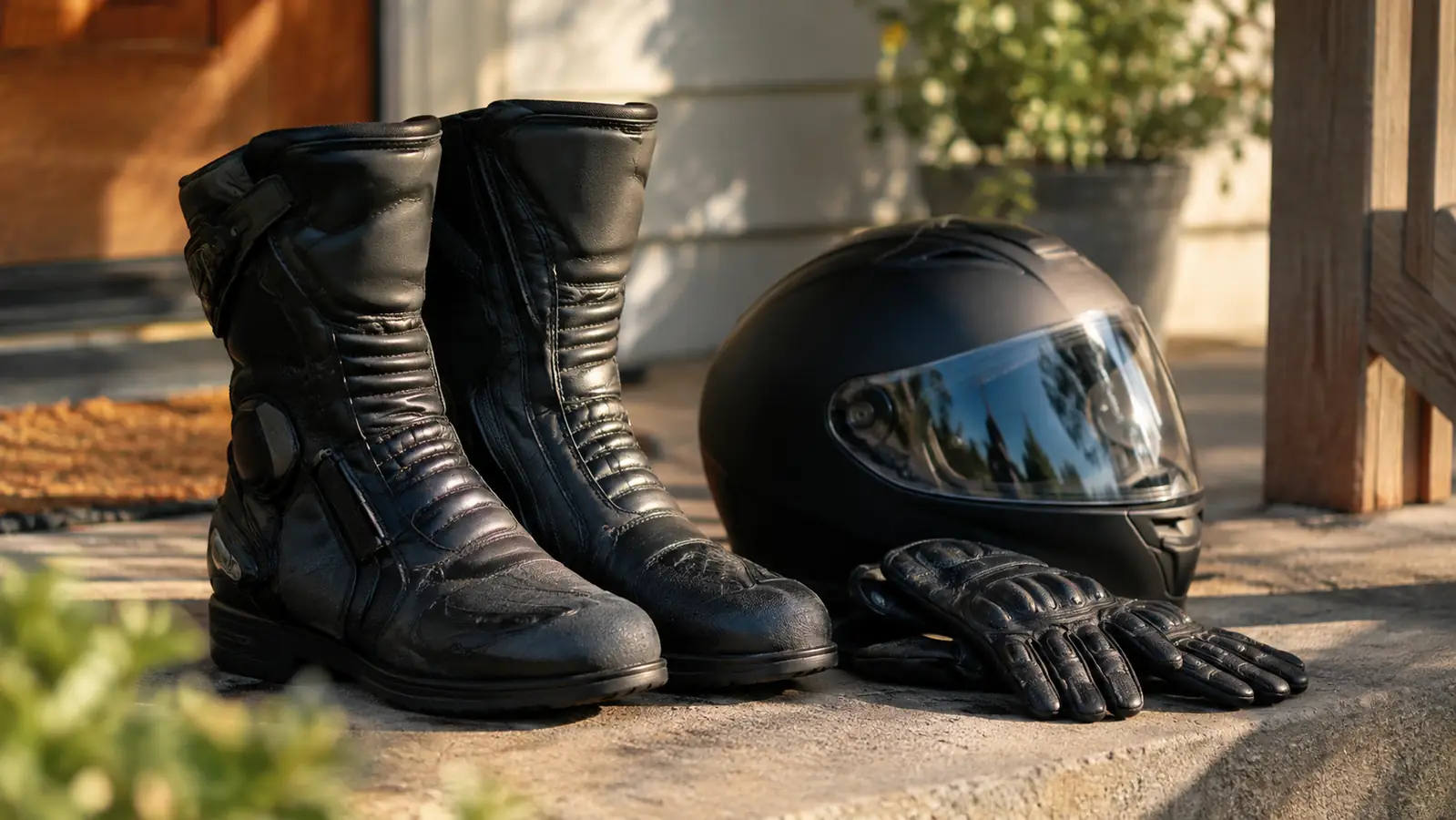 A pair of motorcycle boots resting on a porch step beside a helmet and gloves