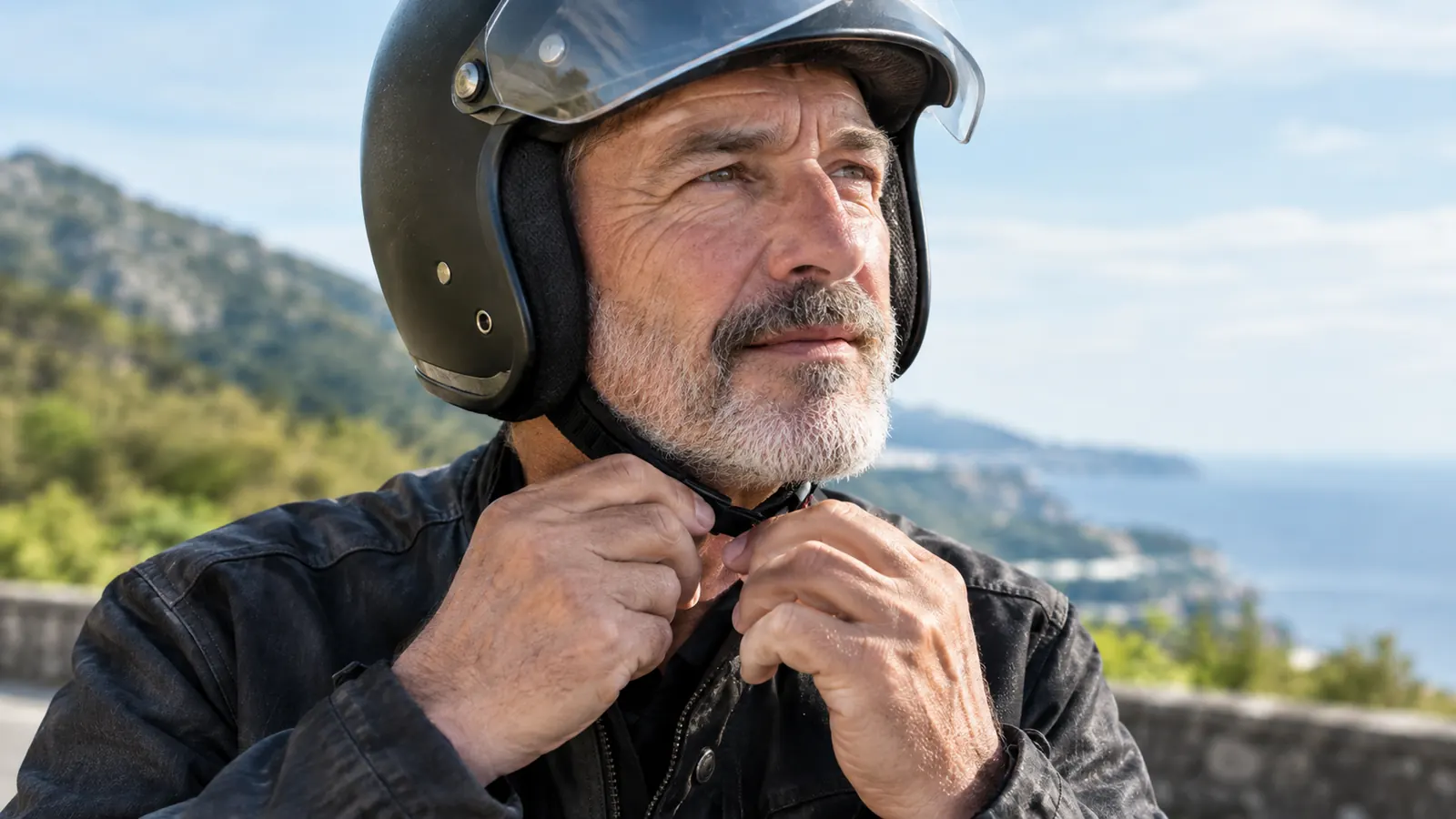 A rider's hands adjusting a half helmet strap before a ride