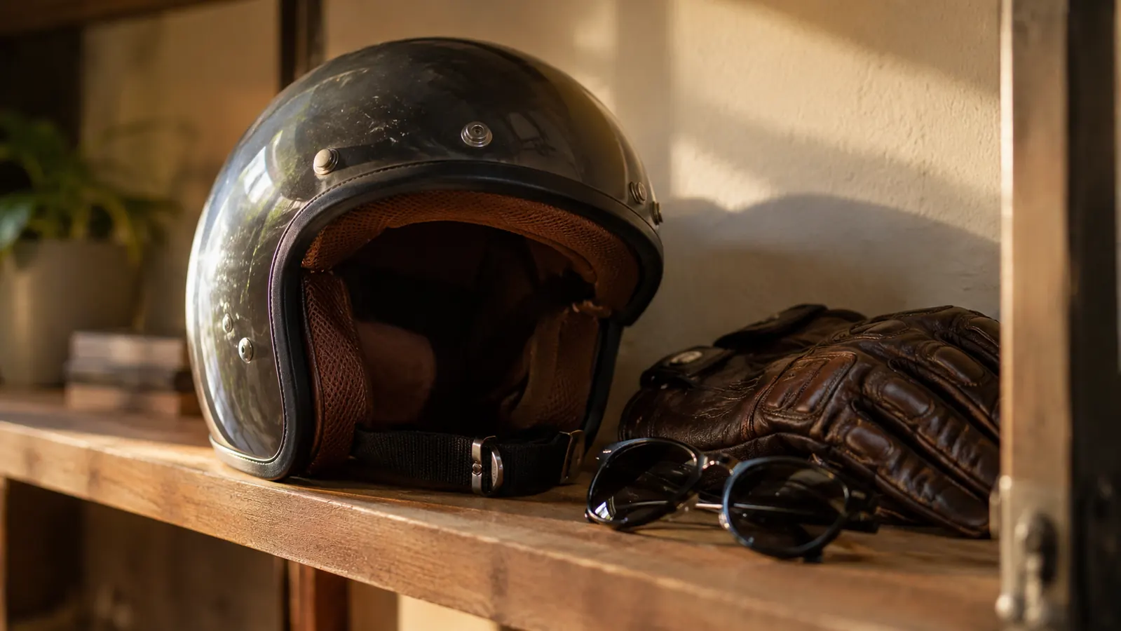 A half helmet on a shelf next to riding gloves and sunglasses