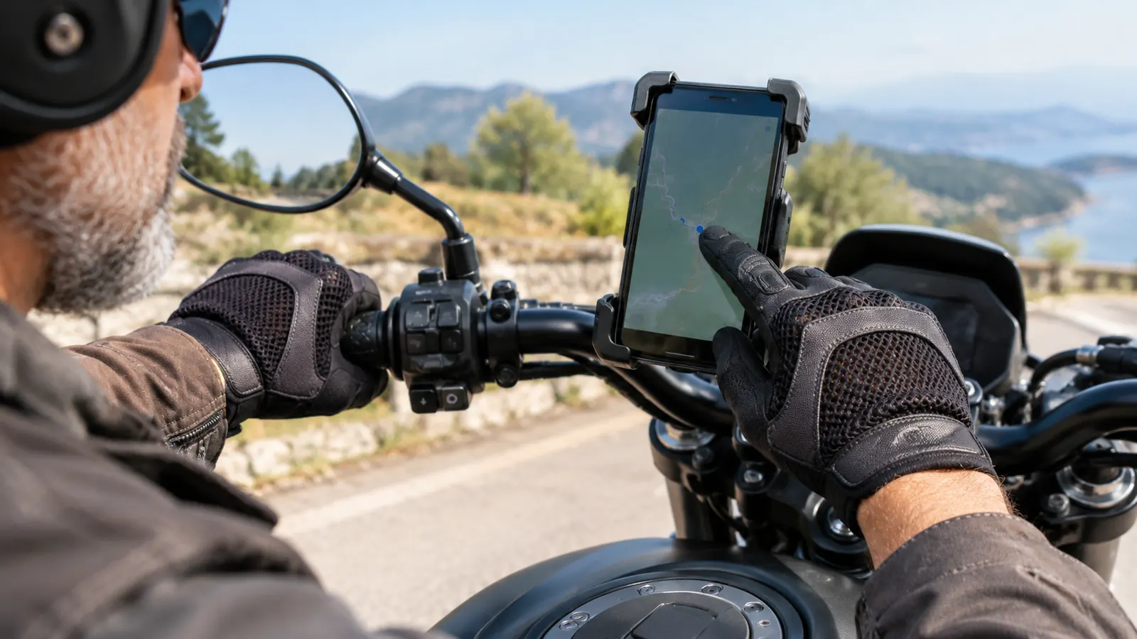 A hand in a mesh riding glove tapping a phone screen