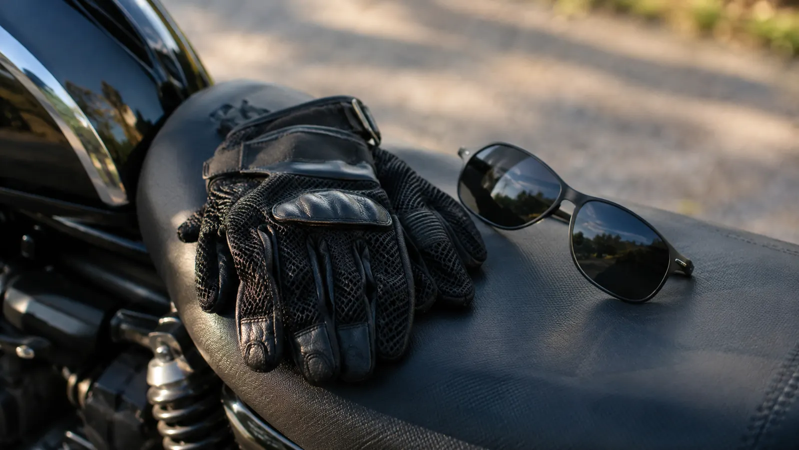 A mesh riding glove lying on a motorcycle seat beside a pair of sunglasses