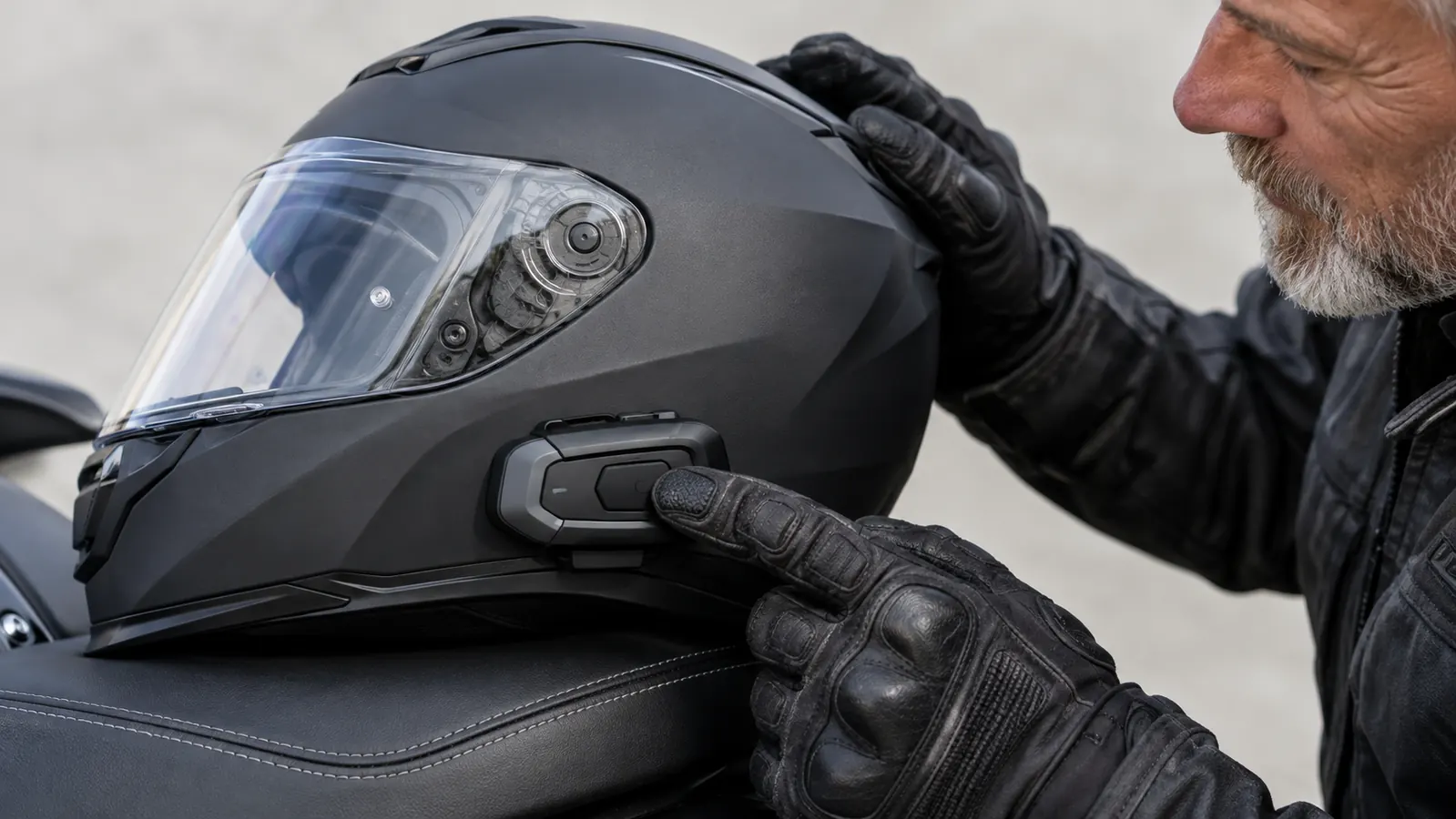 A rider's gloved hand pressing the main button on a helmet-mounted intercom unit
