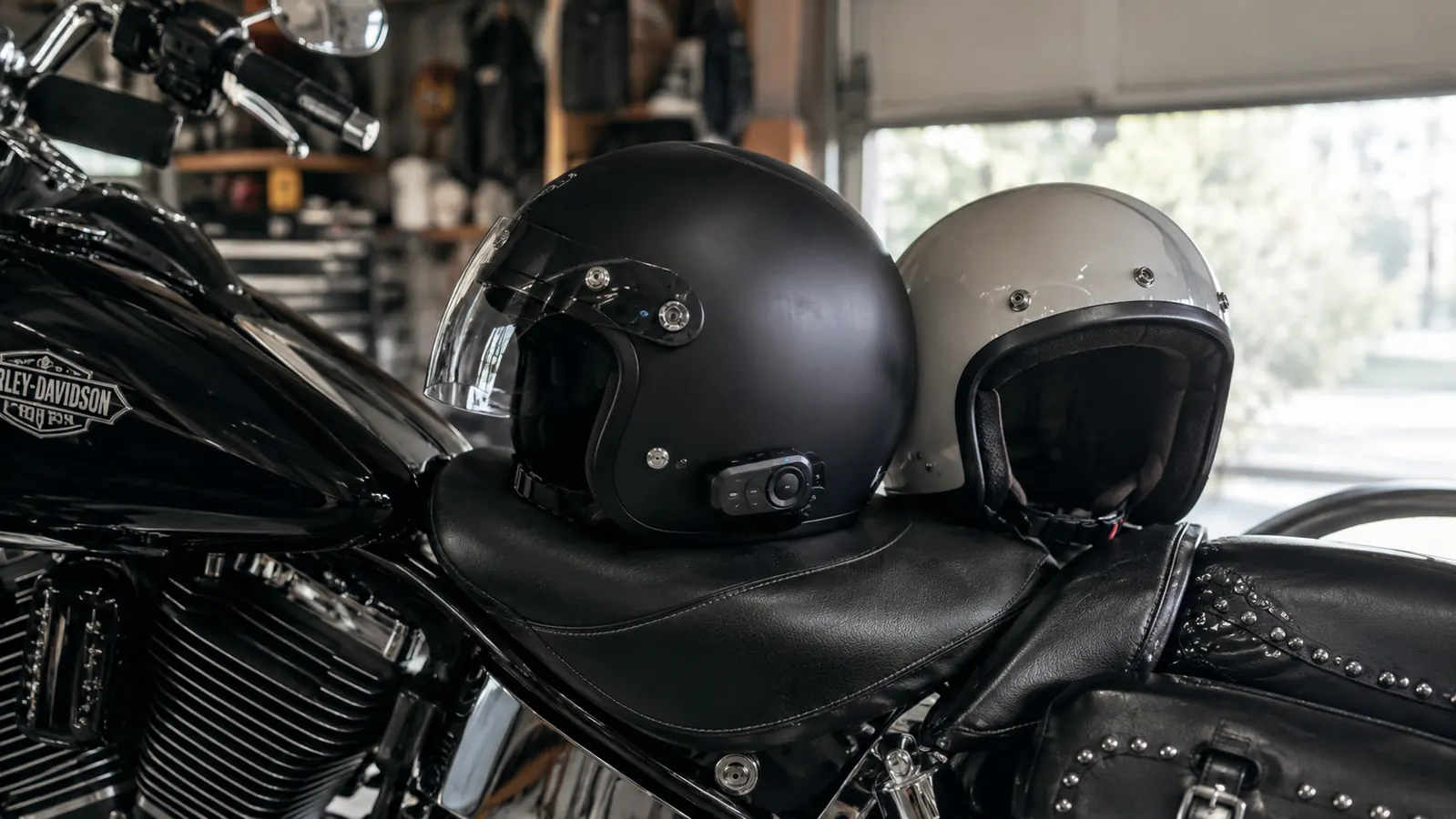 Two helmets resting on a motorcycle seat, one with a small intercom unit clipped to its side