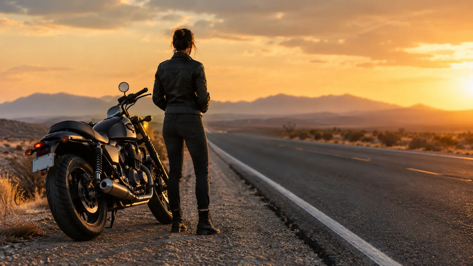 A motorcycle parked on a wide open highway shoulder at golden hour, rider standing beside it