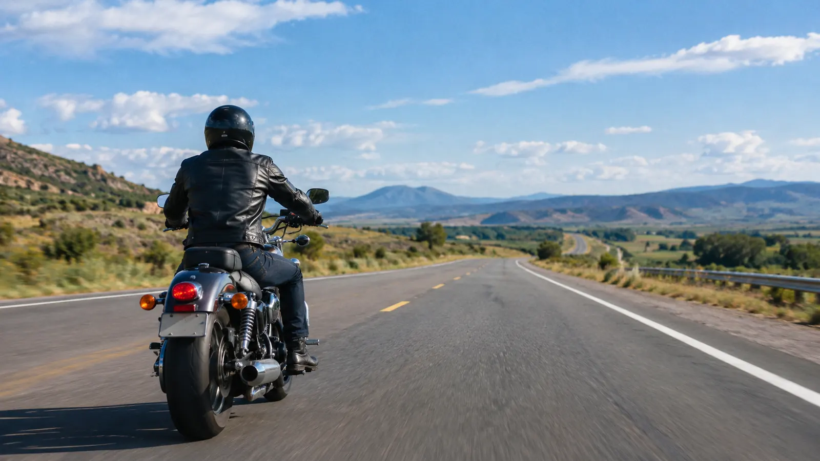 A rider on a highway with an open road ahead, blue sky and distant hills