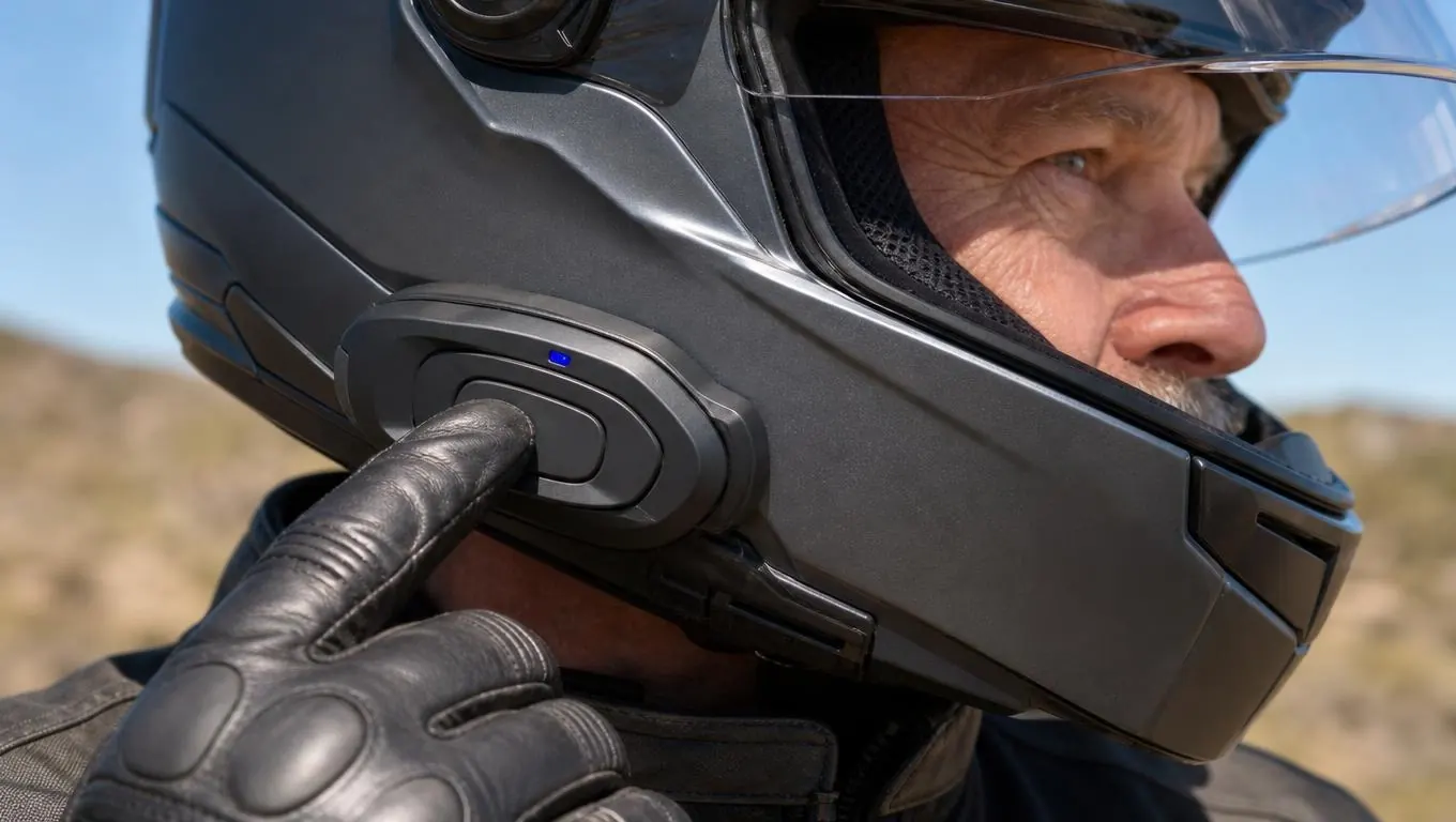 A rider's hand pressing the main button on a helmet headset mounted on the side of a helmet