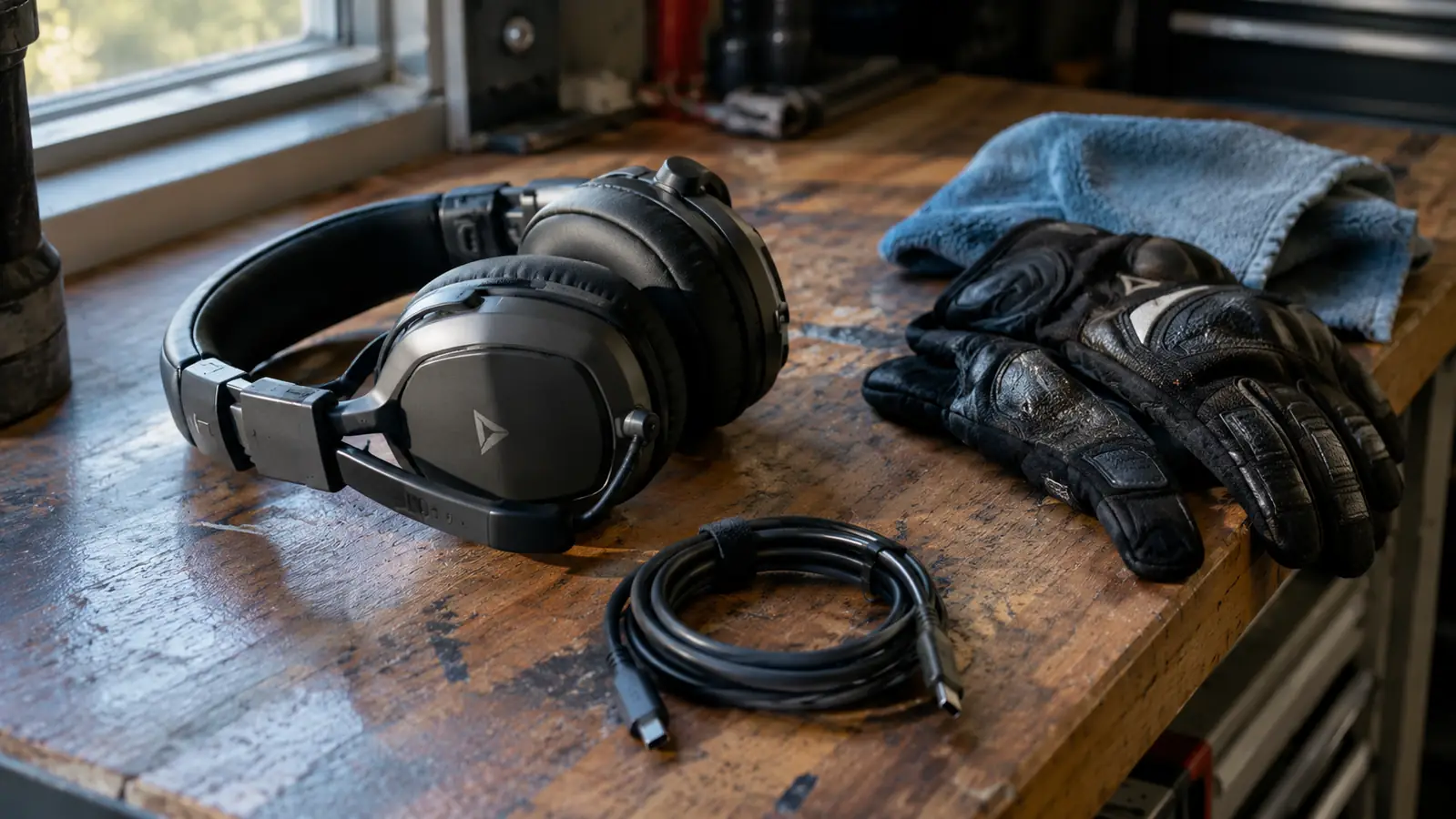 A helmet headset and its charging cable laid on a garage workbench next to a pair of riding gloves
