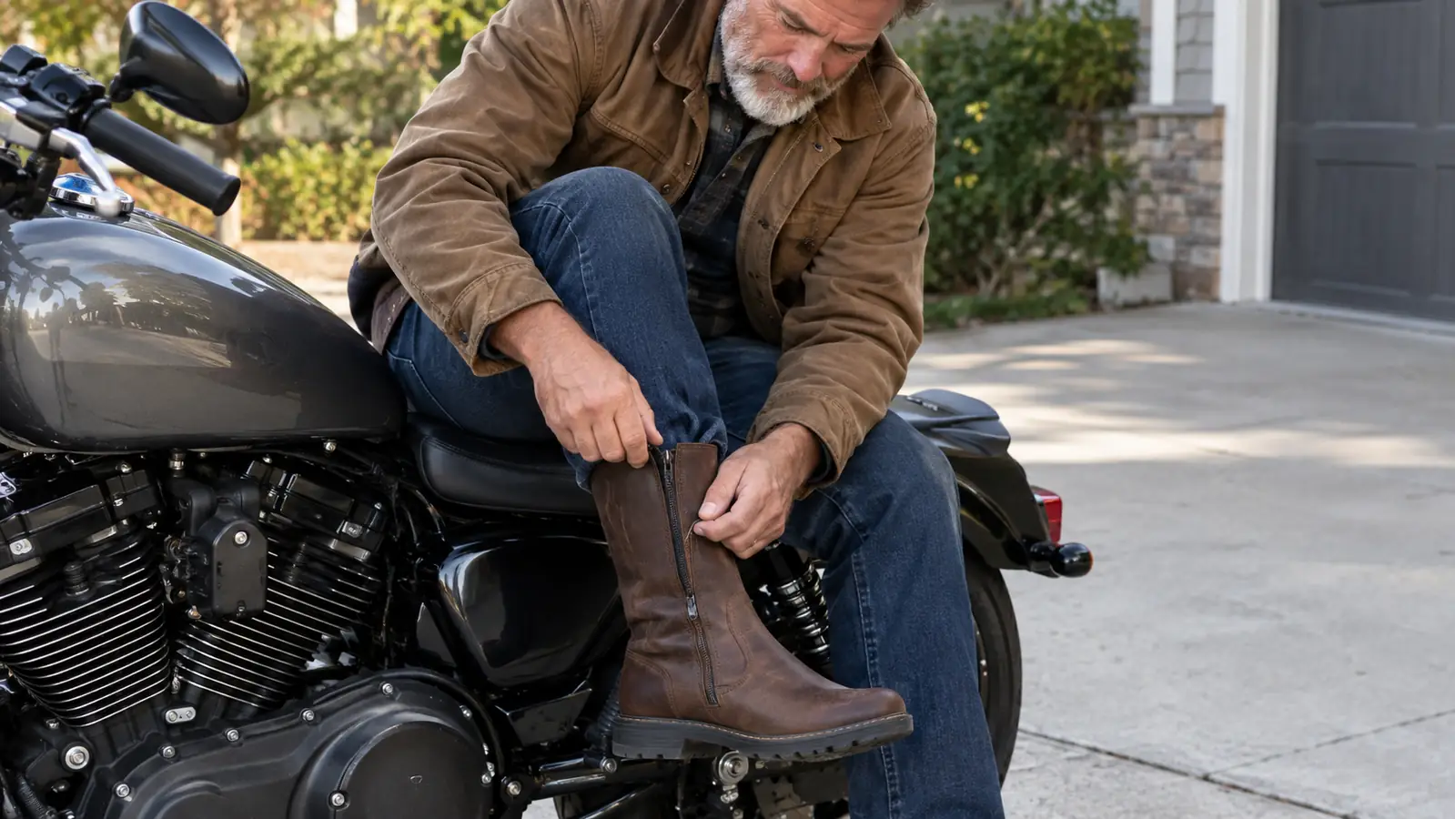 A rider's hands zipping up a mid-calf motorcycle boot while seated on a motorcycle