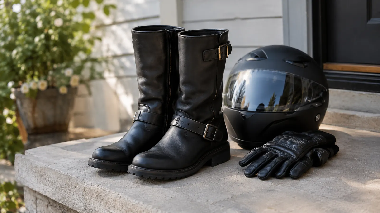 A pair of mid-calf motorcycle boots on a porch step beside a helmet and riding gloves
