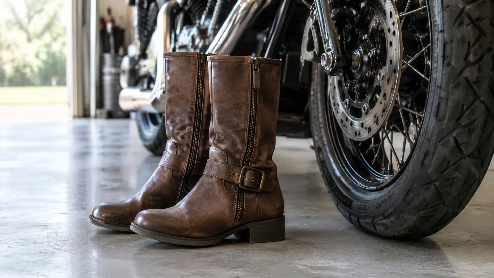 A pair of mid-calf motorcycle boots standing on a garage floor next to a motorcycle tire