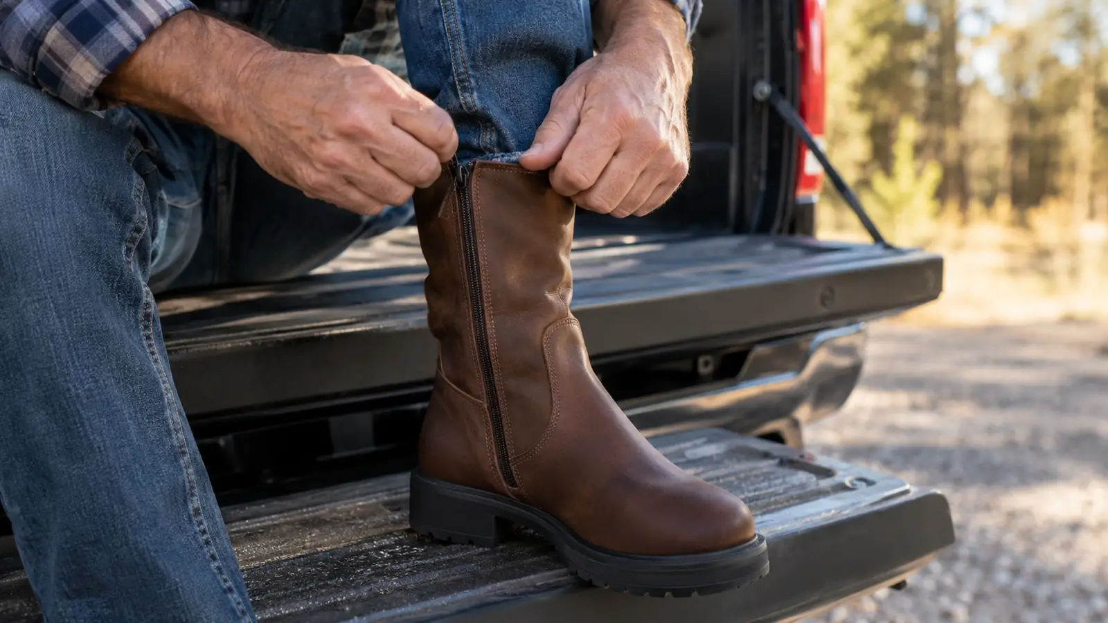 A rider's hands zipping up a mid-calf motorcycle boot while she sits on the edge of a tailgate
