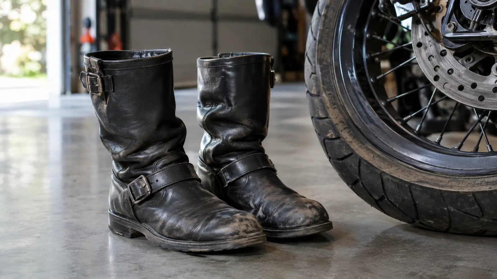 A pair of well-worn mid-calf motorcycle boots resting on a garage floor next to a motorcycle tire