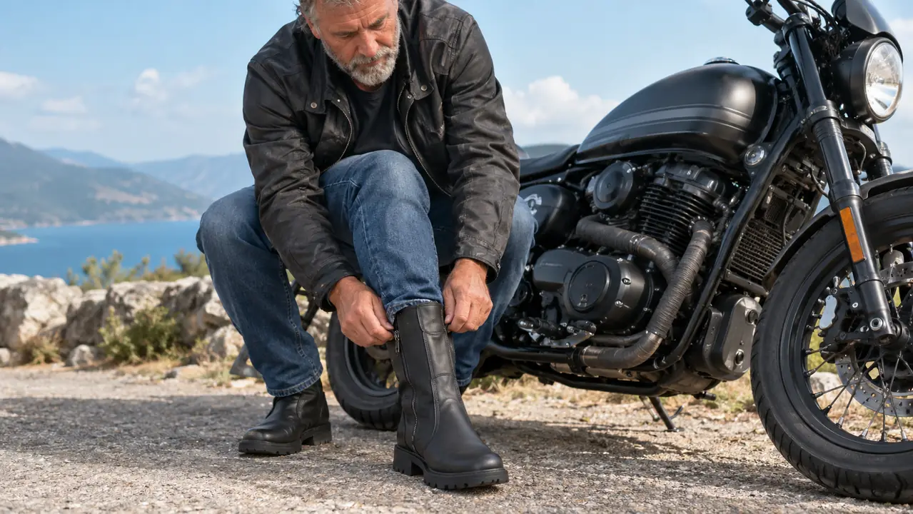 A rider's hands pulling on a zippered mid-calf motorcycle boot while seated on a motorcycle