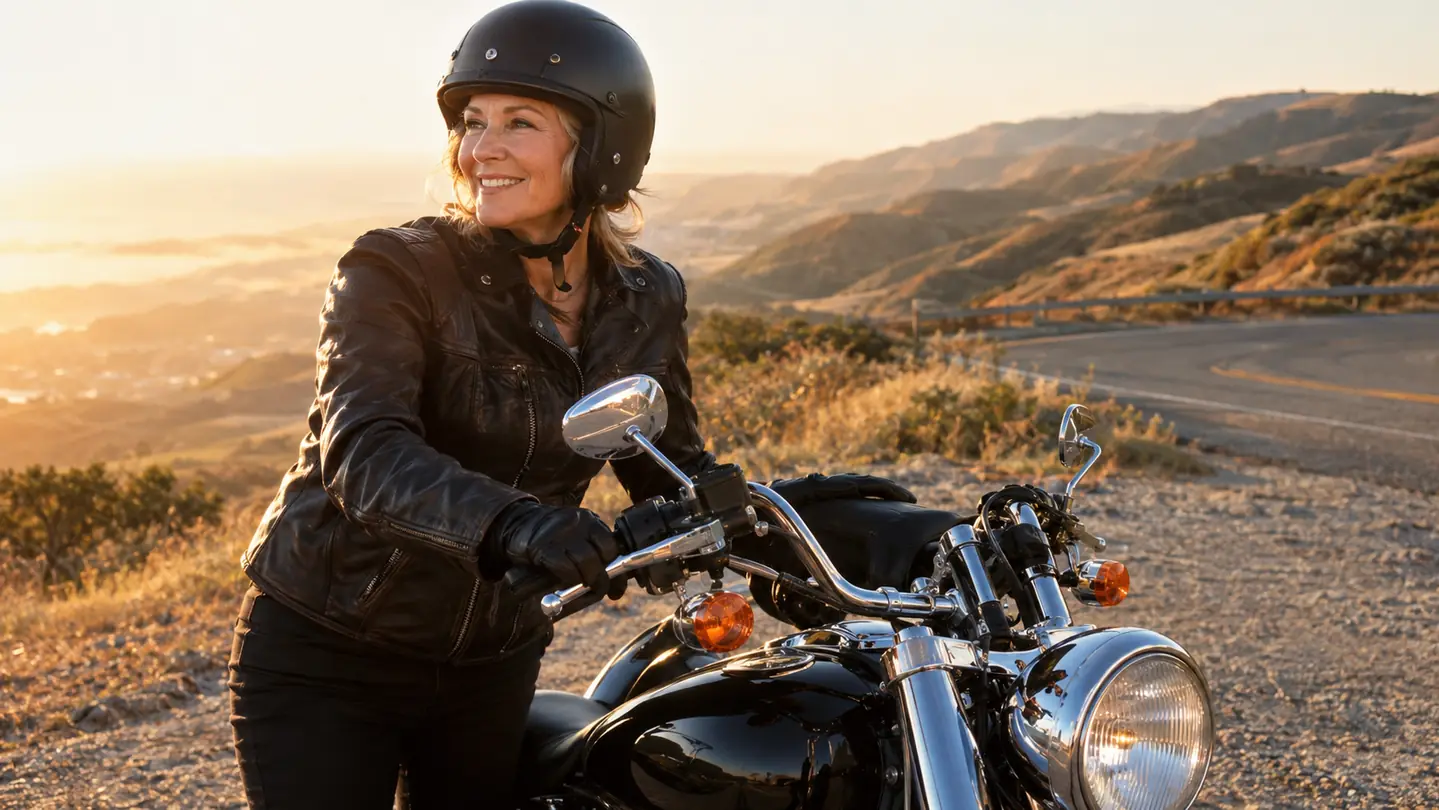 A rider in a jacket and half helmet pulling into a sunny roadside stop on a cruiser motorcycle with open highway behind
