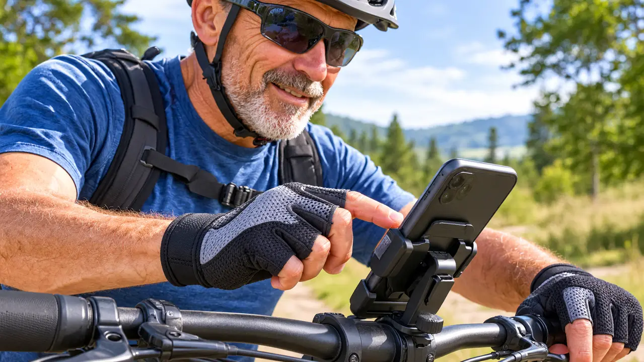 A hand in a mesh riding glove holding a smartphone on a motorcycle handlebar