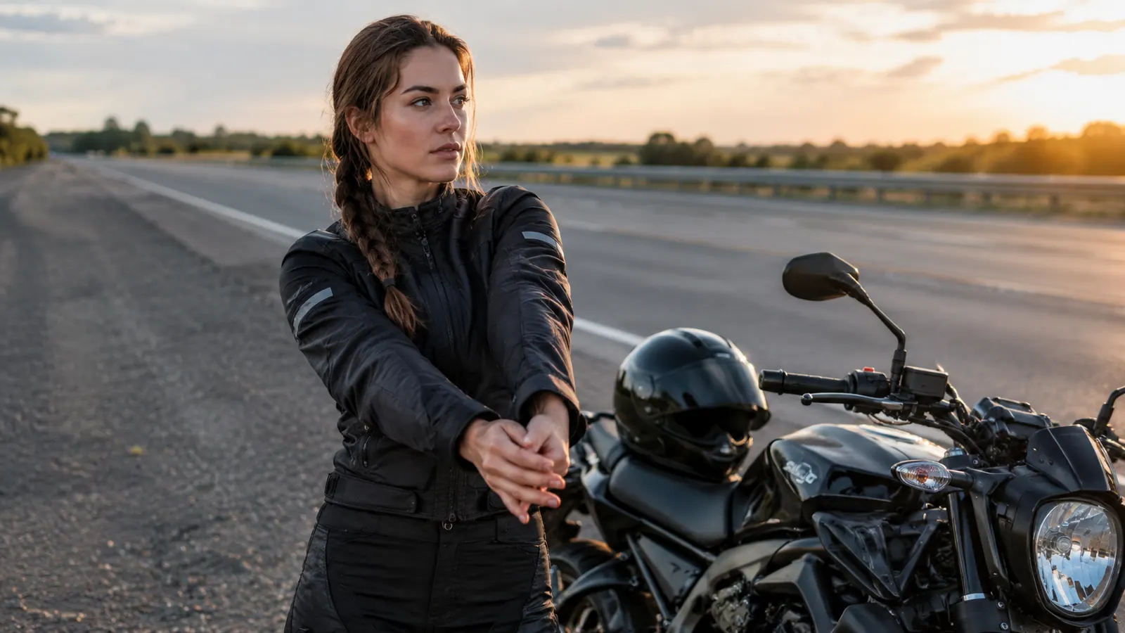 A rider stretching both hands on the roadside next to a motorcycle on a long highway ride