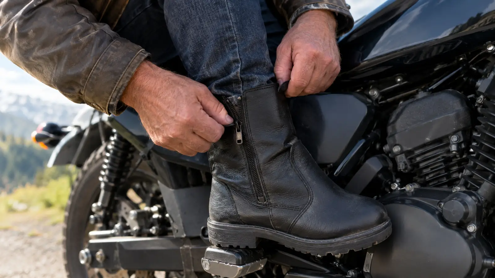 A rider's hands zipping a mid-calf motorcycle boot while seated on a motorcycle