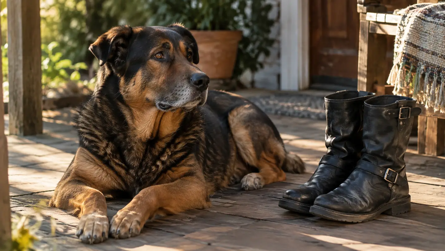 A large dog lying on a sun-warmed porch while a pair of motorcycle boots rests nearby