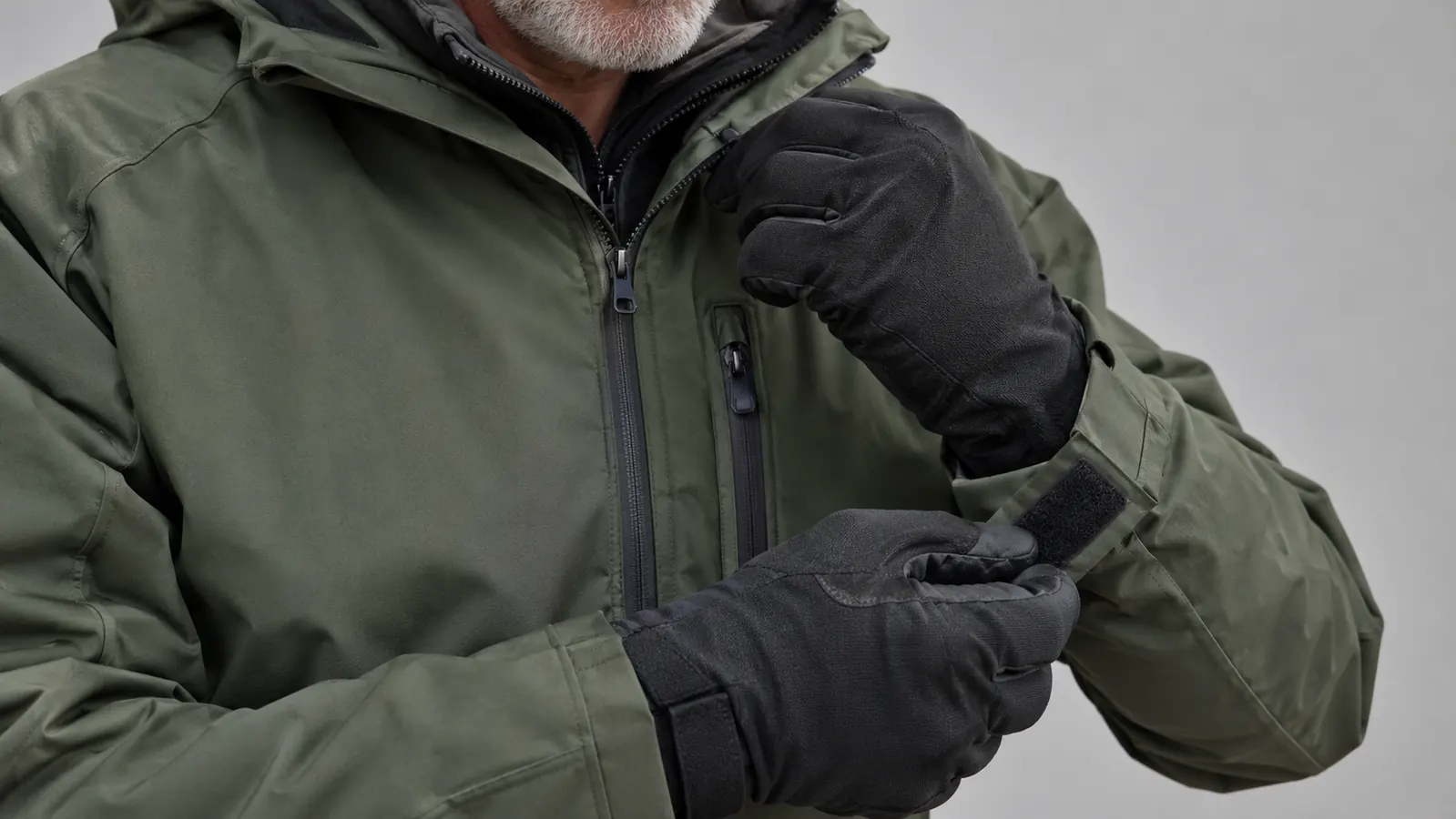 Close view of a rider's gloved hand adjusting the zipper and cuff of an armored textile riding jacket