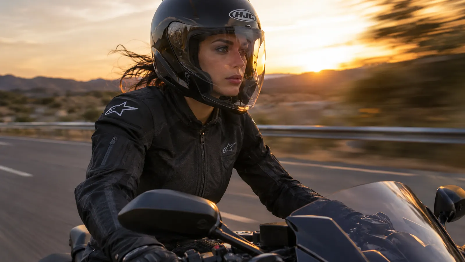 A rider in an armored textile riding jacket riding a motorcycle on a highway at golden hour