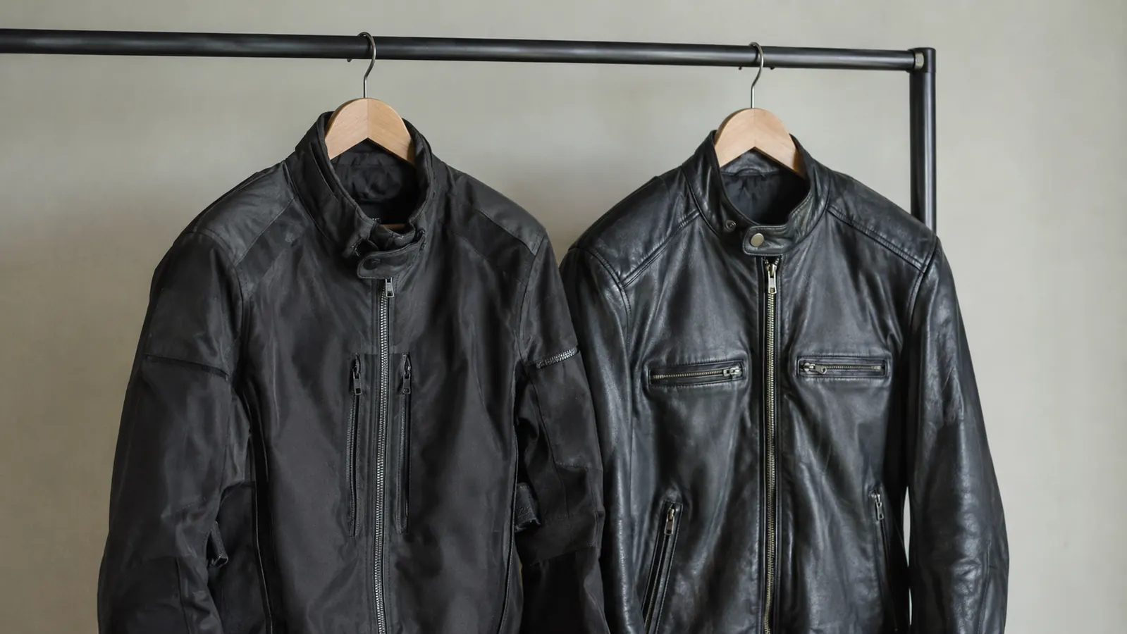A textile riding jacket and a leather riding jacket hanging side by side on a rack