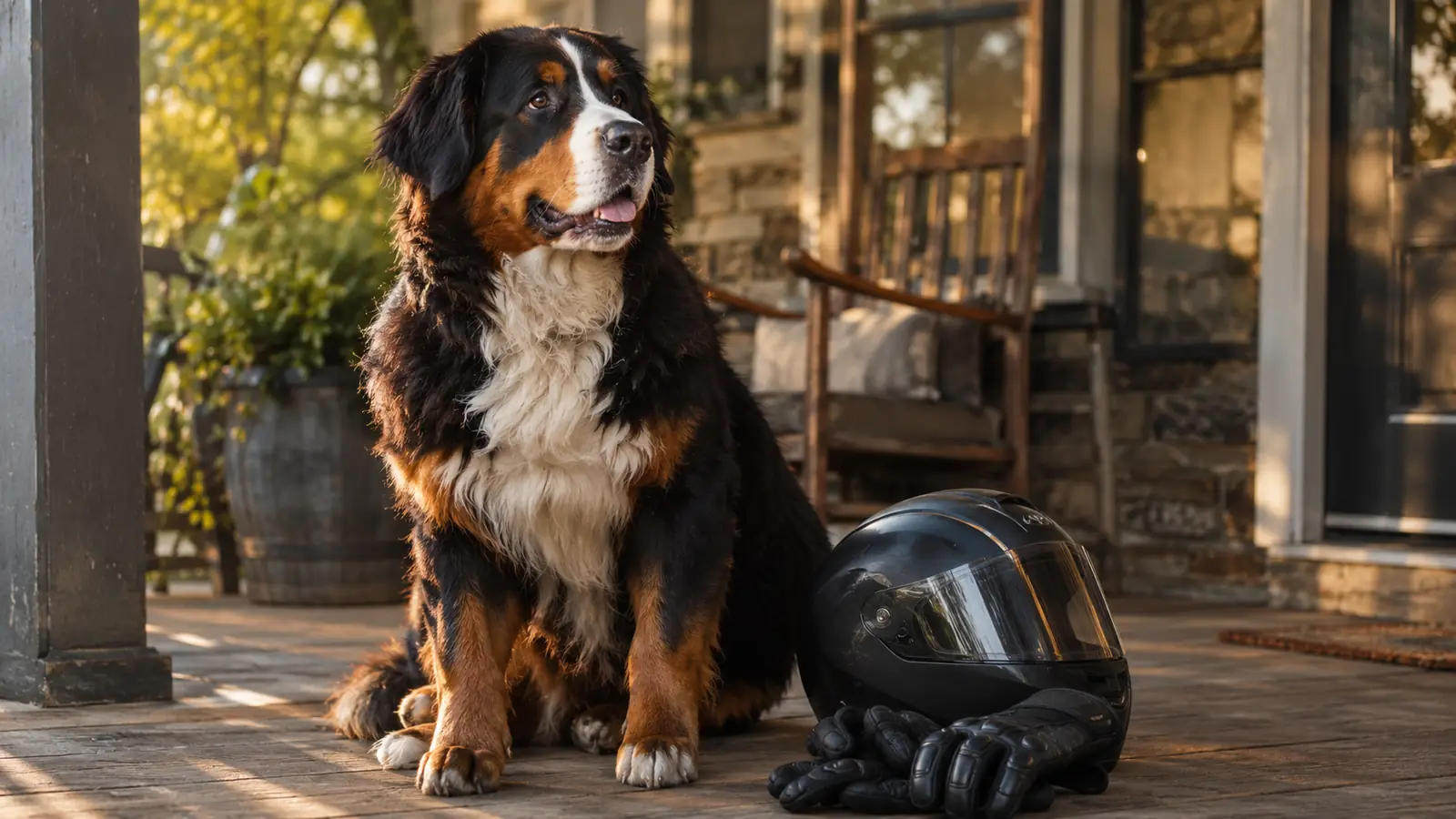 A large dog sitting on a porch next to a motorcycle helmet and gloves