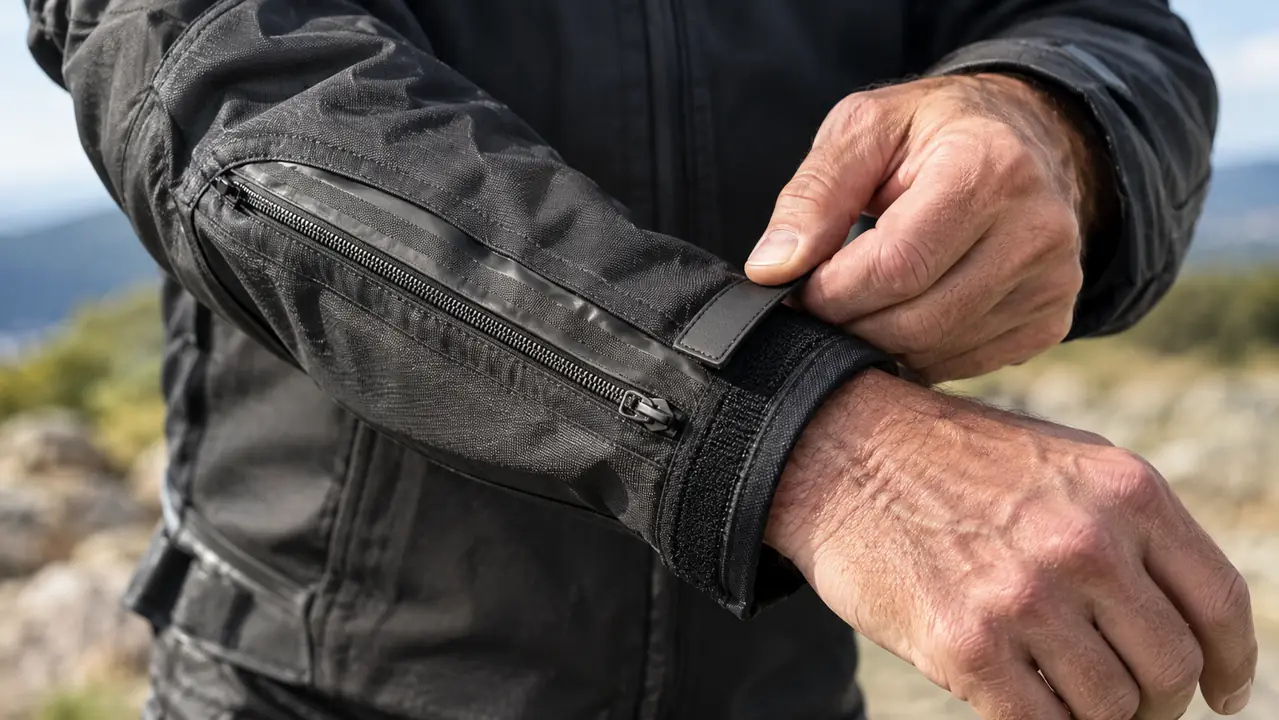 Close view of a rider's forearm showing the adjustable strap and zipper on an armored textile motorcycle jacket sleeve
