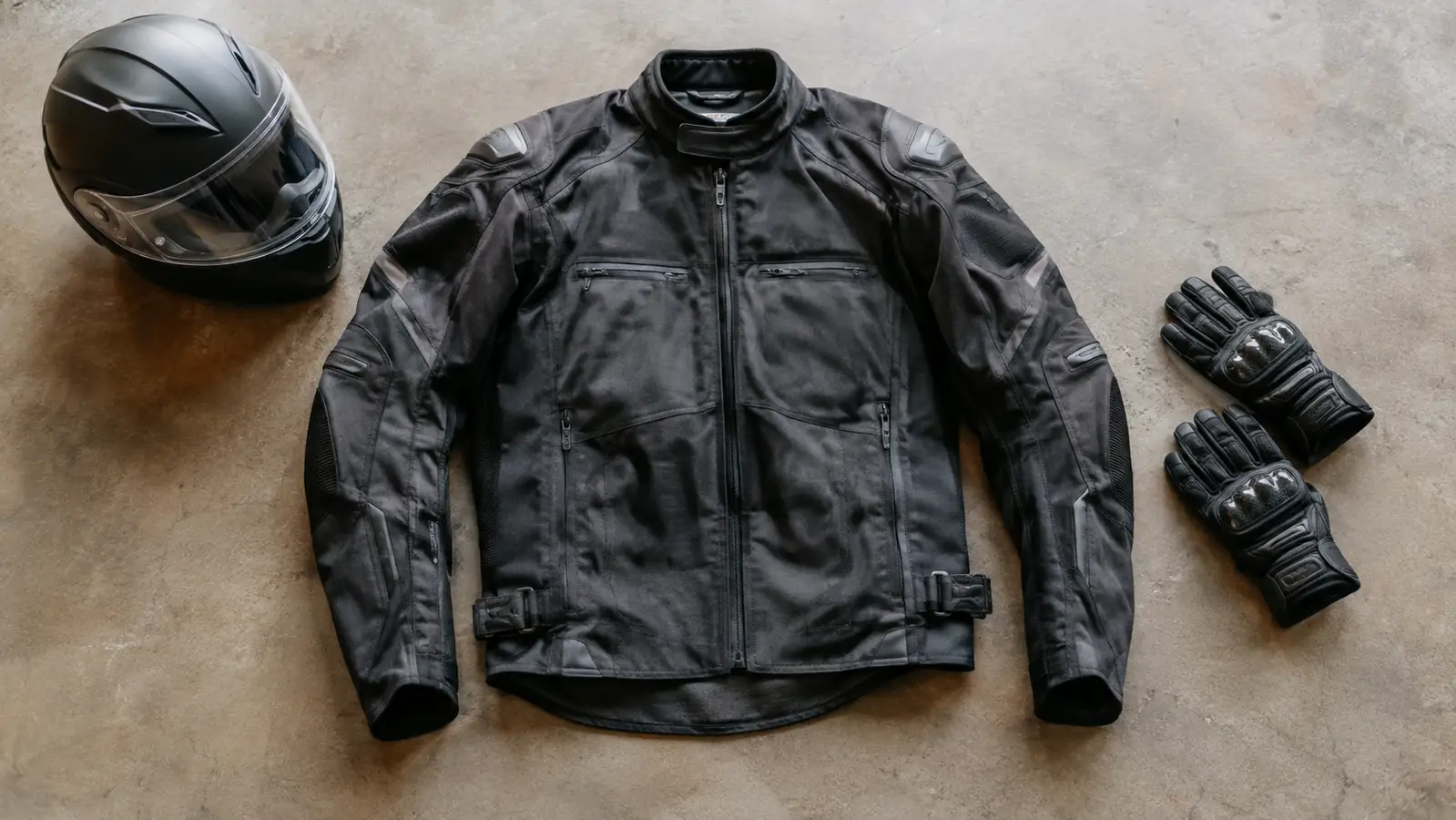 A textile motorcycle jacket with armor laid flat on a table next to a helmet and gloves, showing the full jacket shape