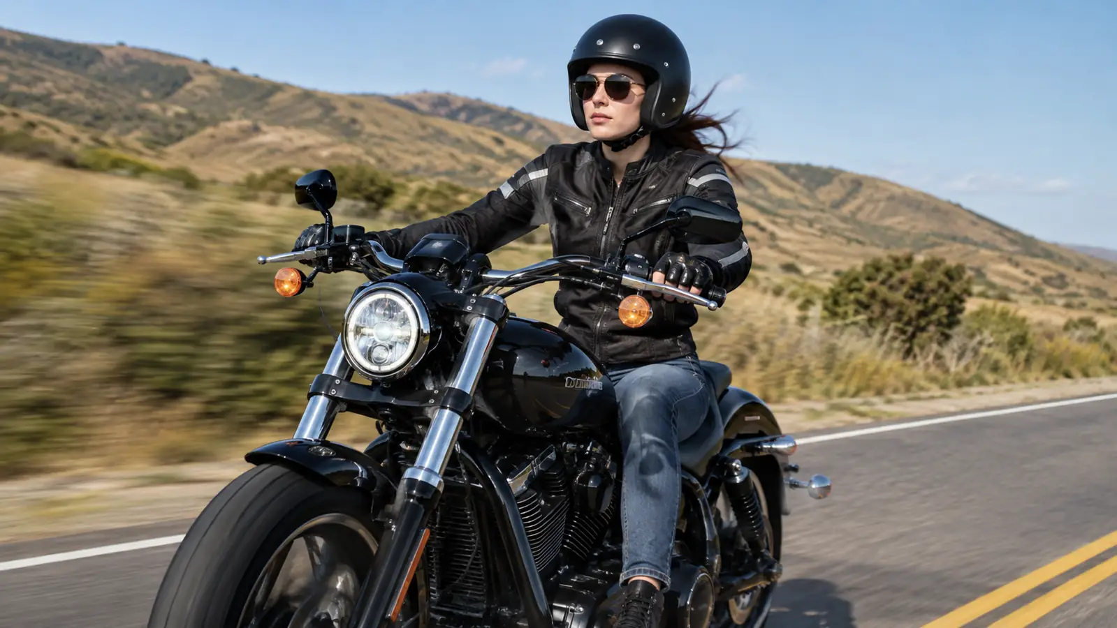 A woman rider in a textile motorcycle jacket riding a cruiser on a two-lane highway through dry rolling hills, blue sky with a few clouds