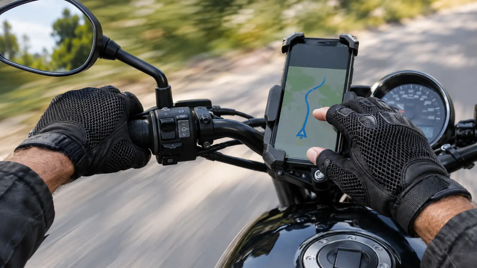 A rider's hand in a mesh motorcycle glove reaching toward a smartphone mounted on the handlebars