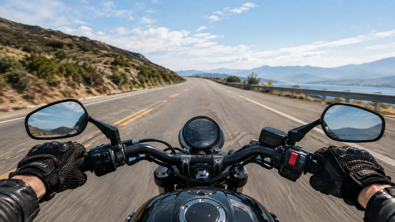 A rider in mesh gloves gripping motorcycle handlebars on an open highway