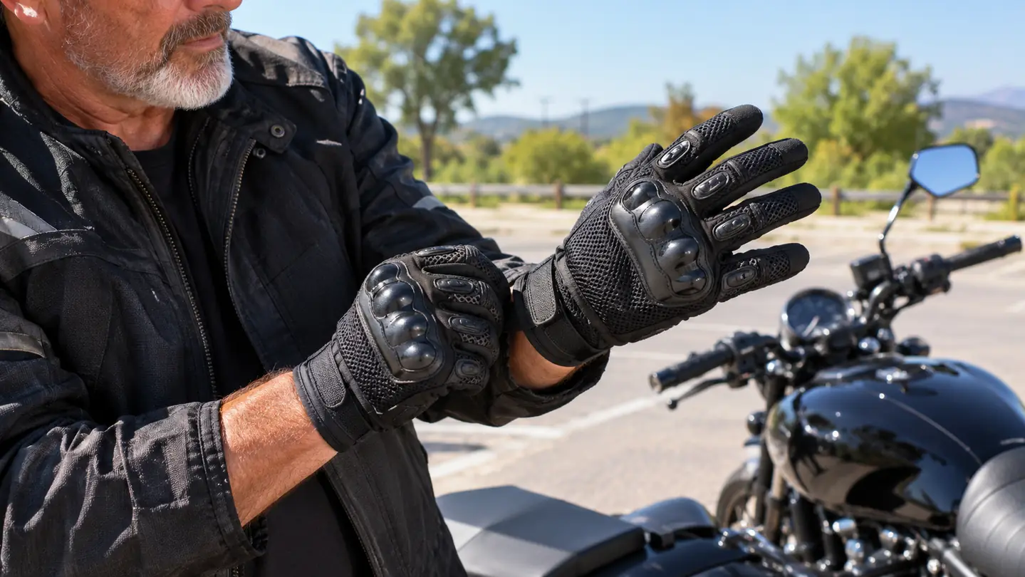 Rider pulling on mesh gloves beside a parked motorcycle
