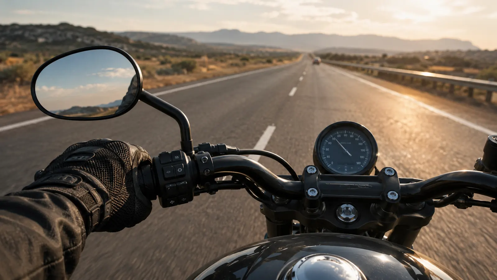 Gloved hand on a motorcycle handlebar on a warm afternoon ride