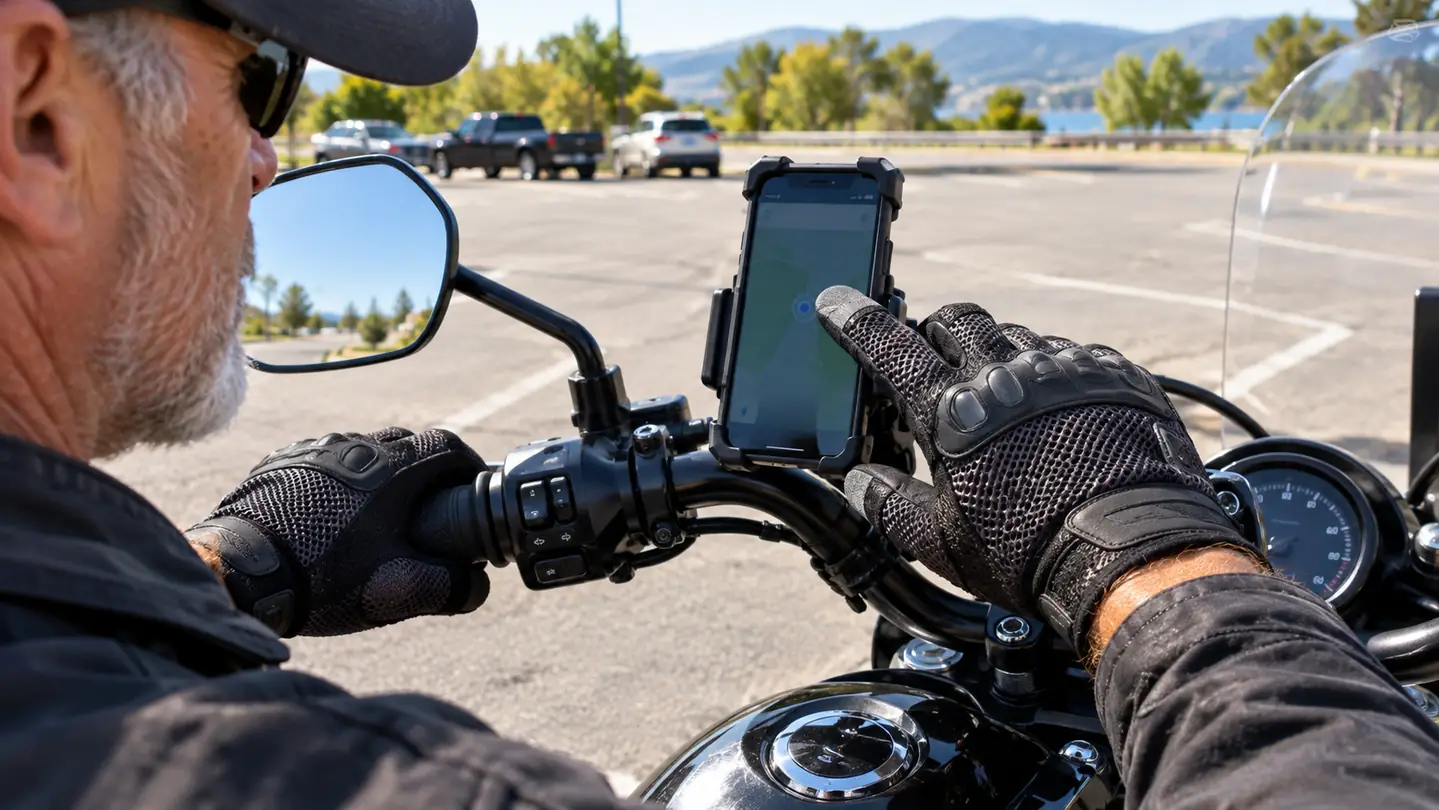 A rider's hand in a mesh motorcycle glove reaching for a phone mounted on the handlebars