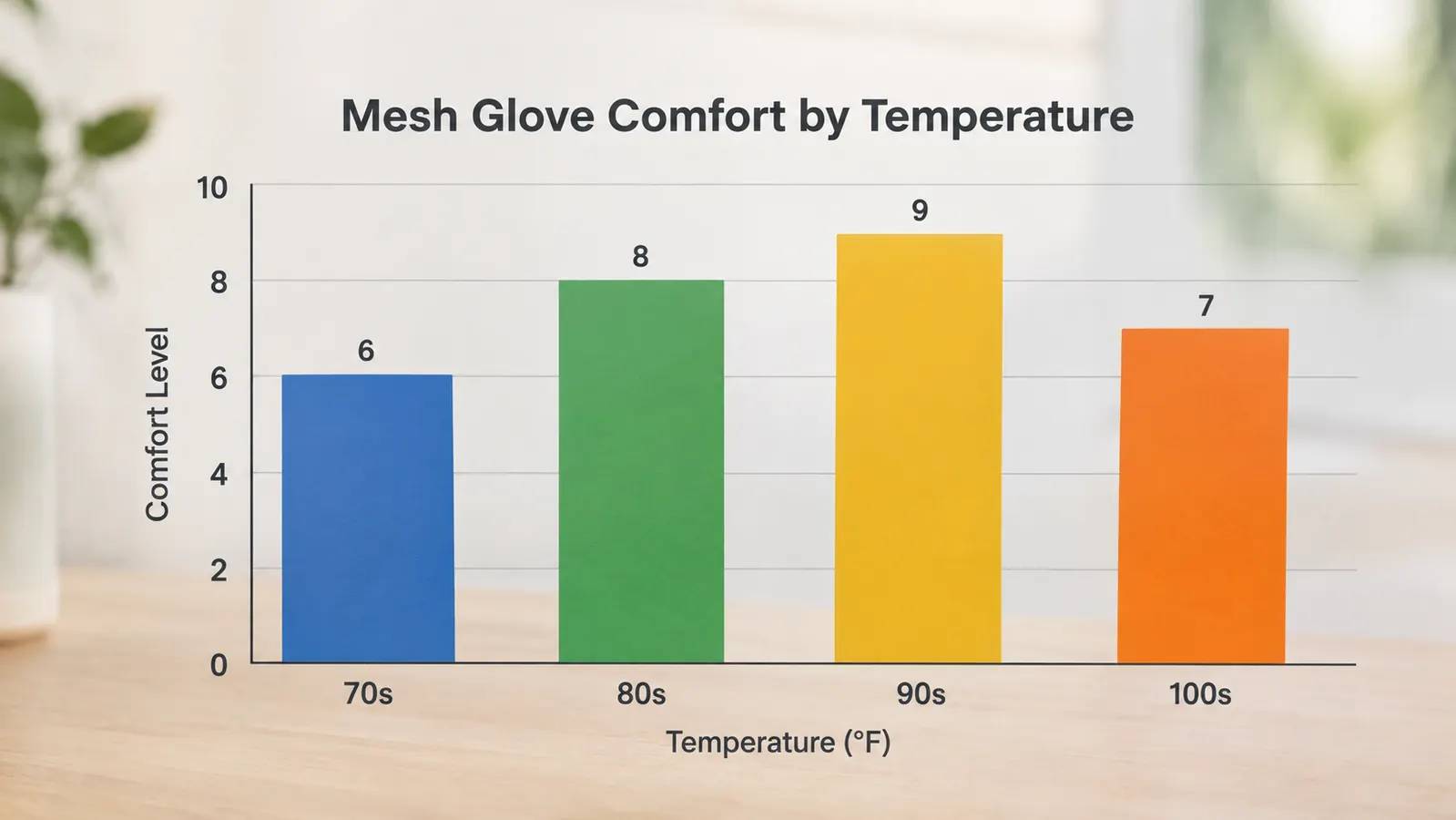 A simple chart showing comfort ratings for mesh motorcycle gloves across warm and hot weather conditions
