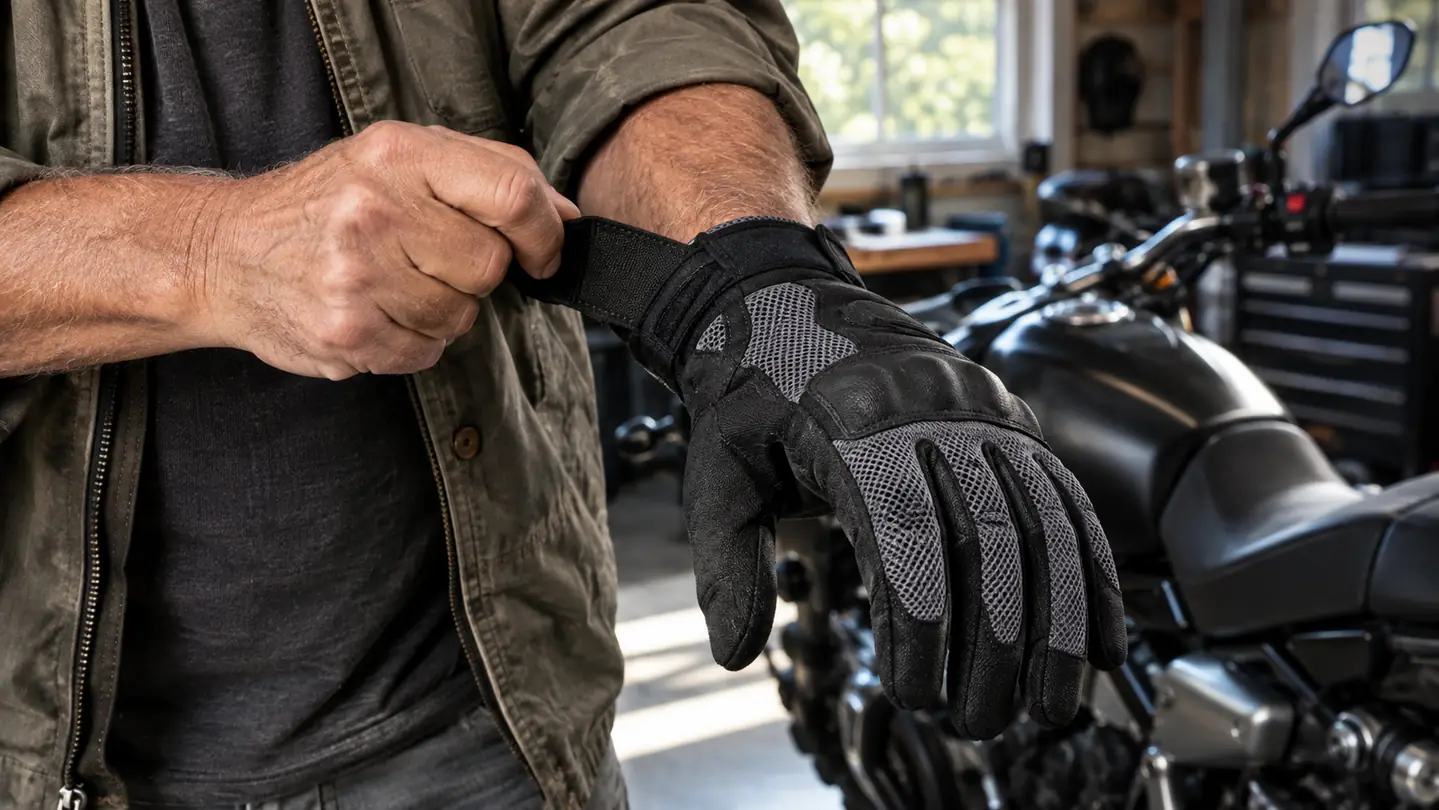 A rider pulling on a mesh motorcycle glove before a ride, with the bike parked nearby