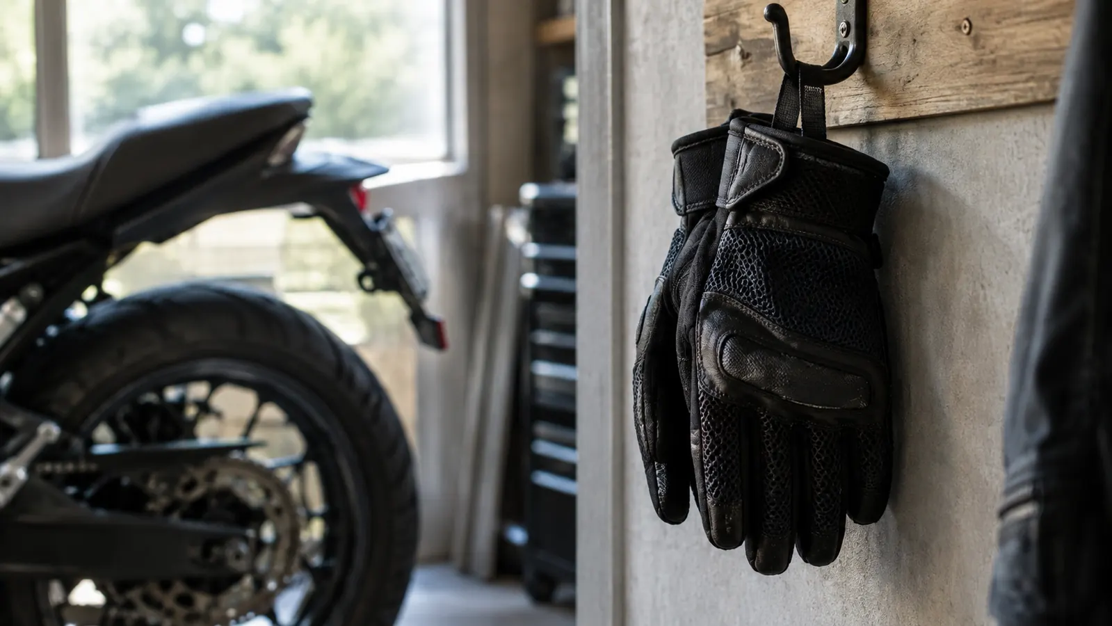 A pair of mesh motorcycle gloves hanging from a hook in a garage beside a motorcycle
