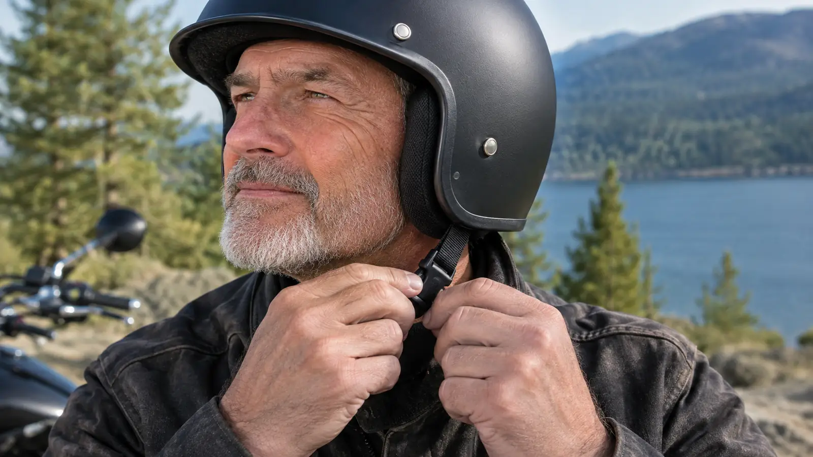 A rider's hands adjusting the chin strap of a half helmet before a ride