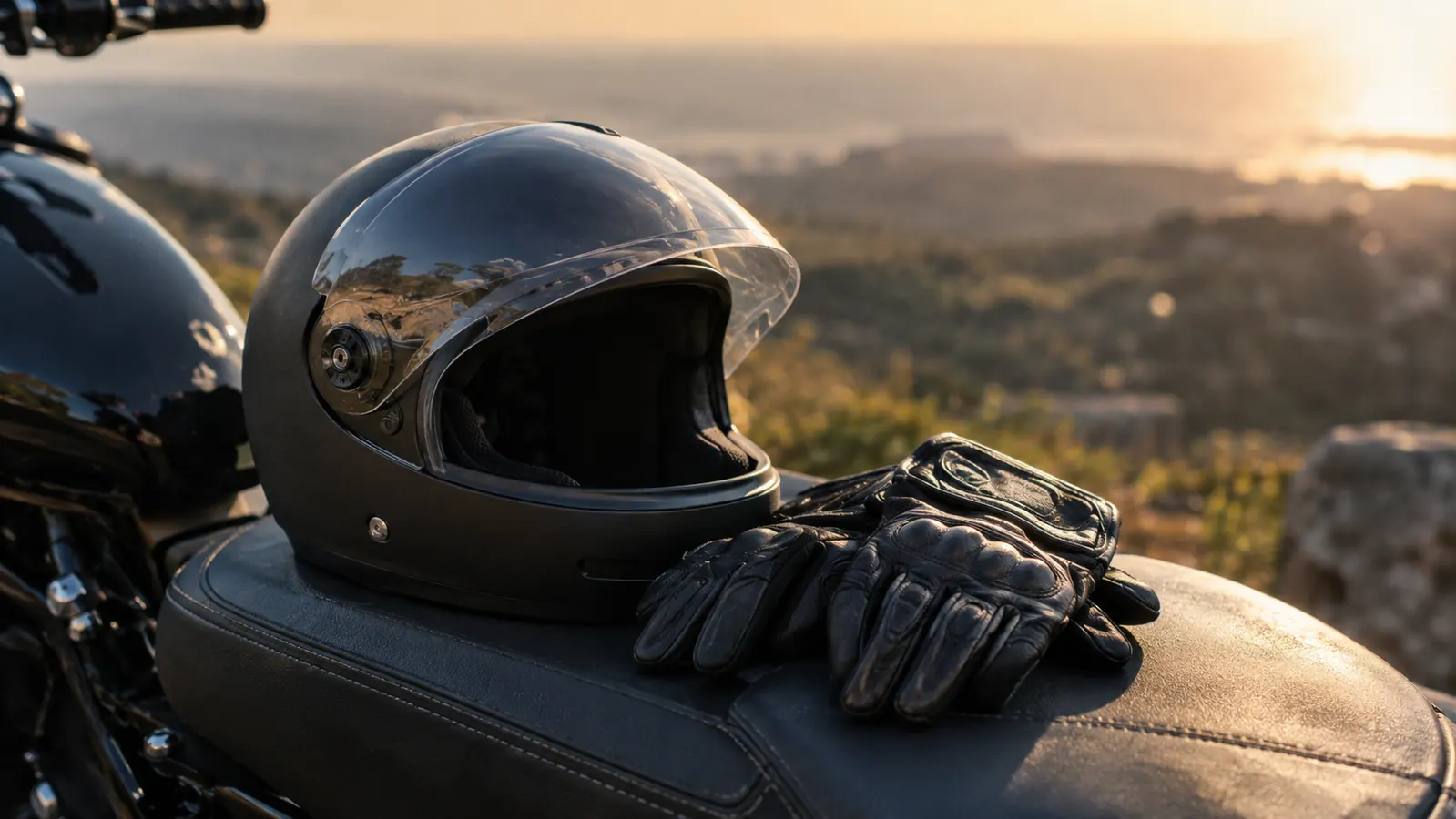 A half helmet resting on a motorcycle seat beside a pair of riding gloves