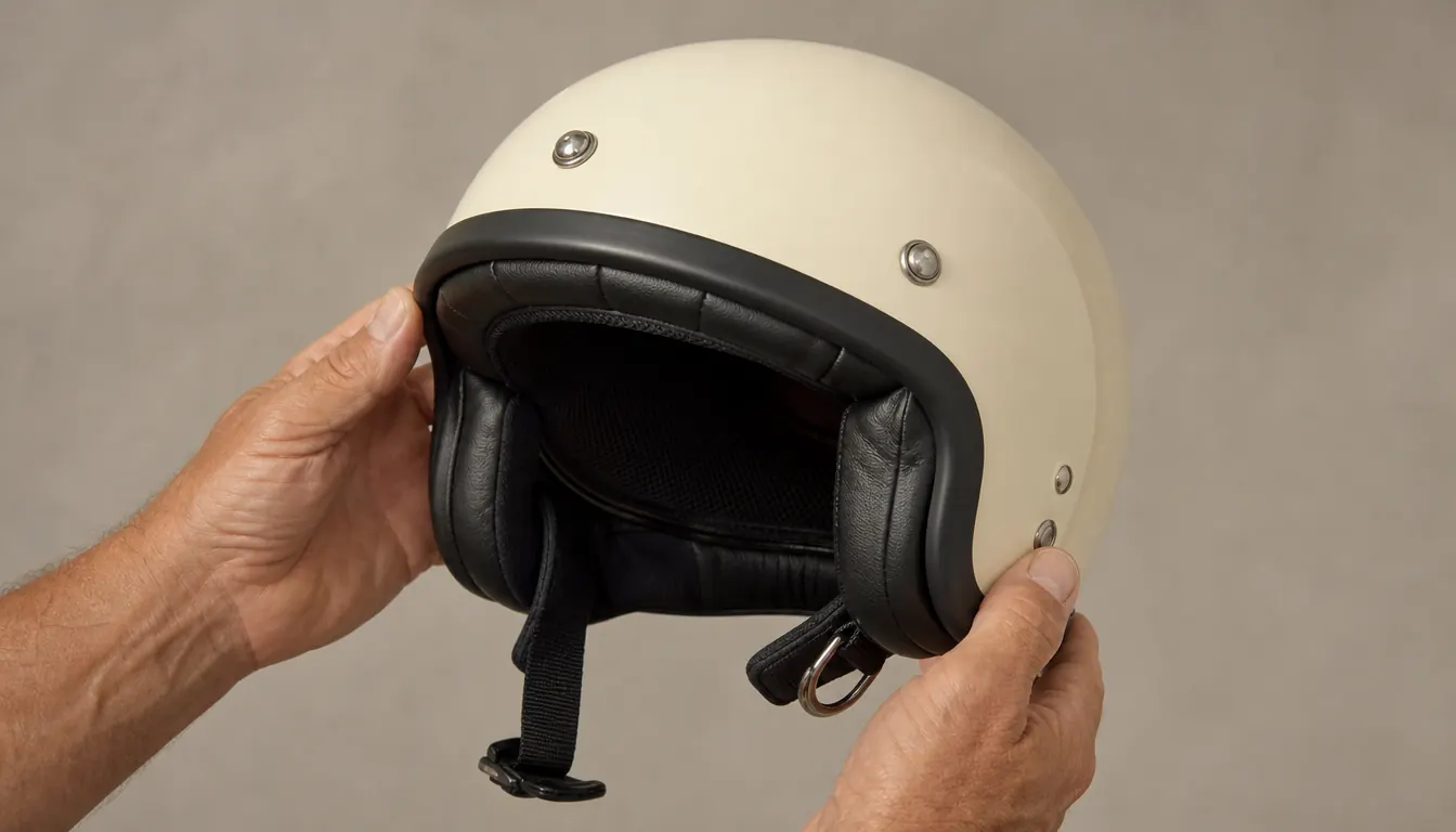 A hand holding a half helmet with the interior padding visible