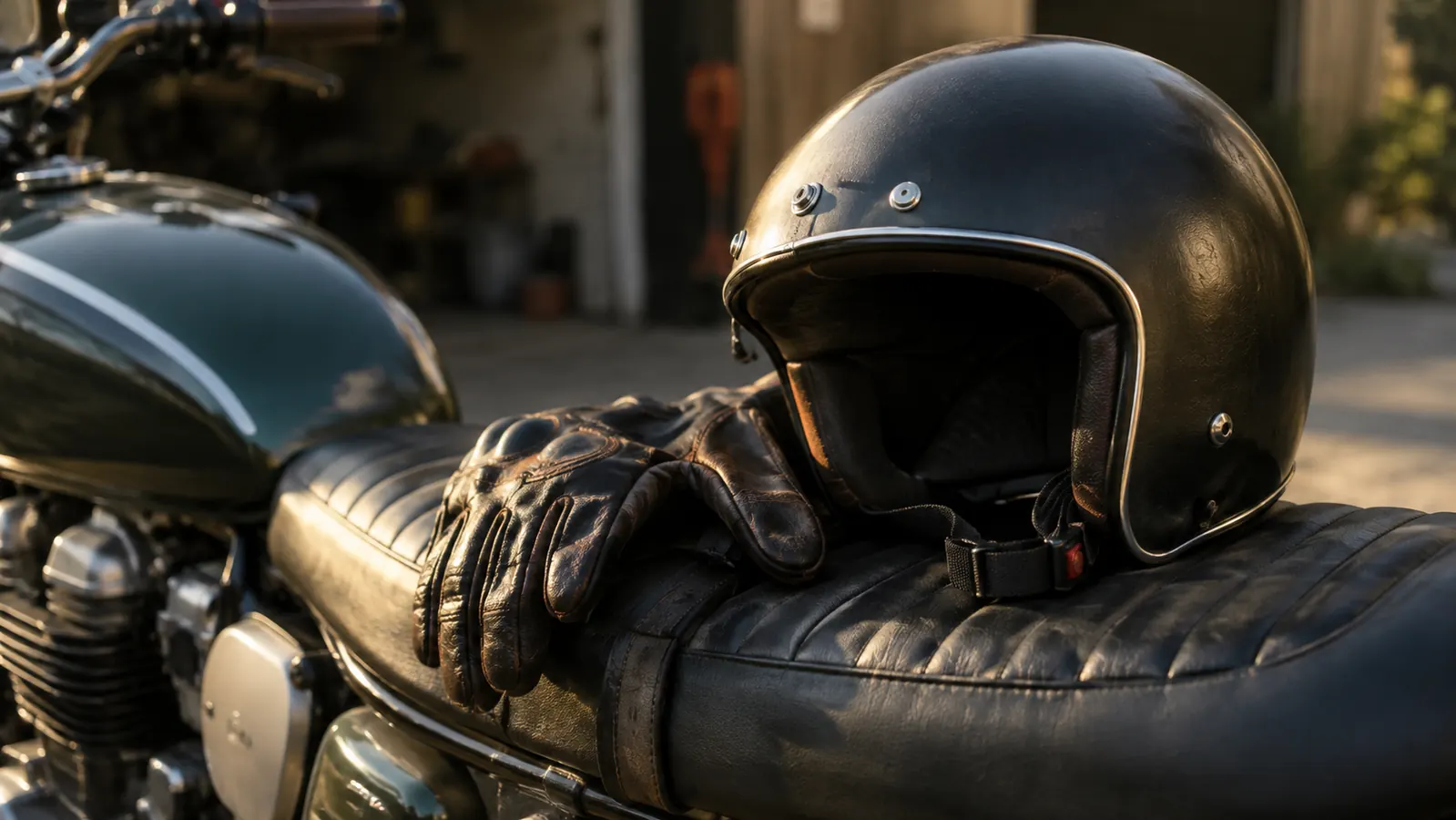 A half helmet resting on a motorcycle seat beside a pair of riding gloves