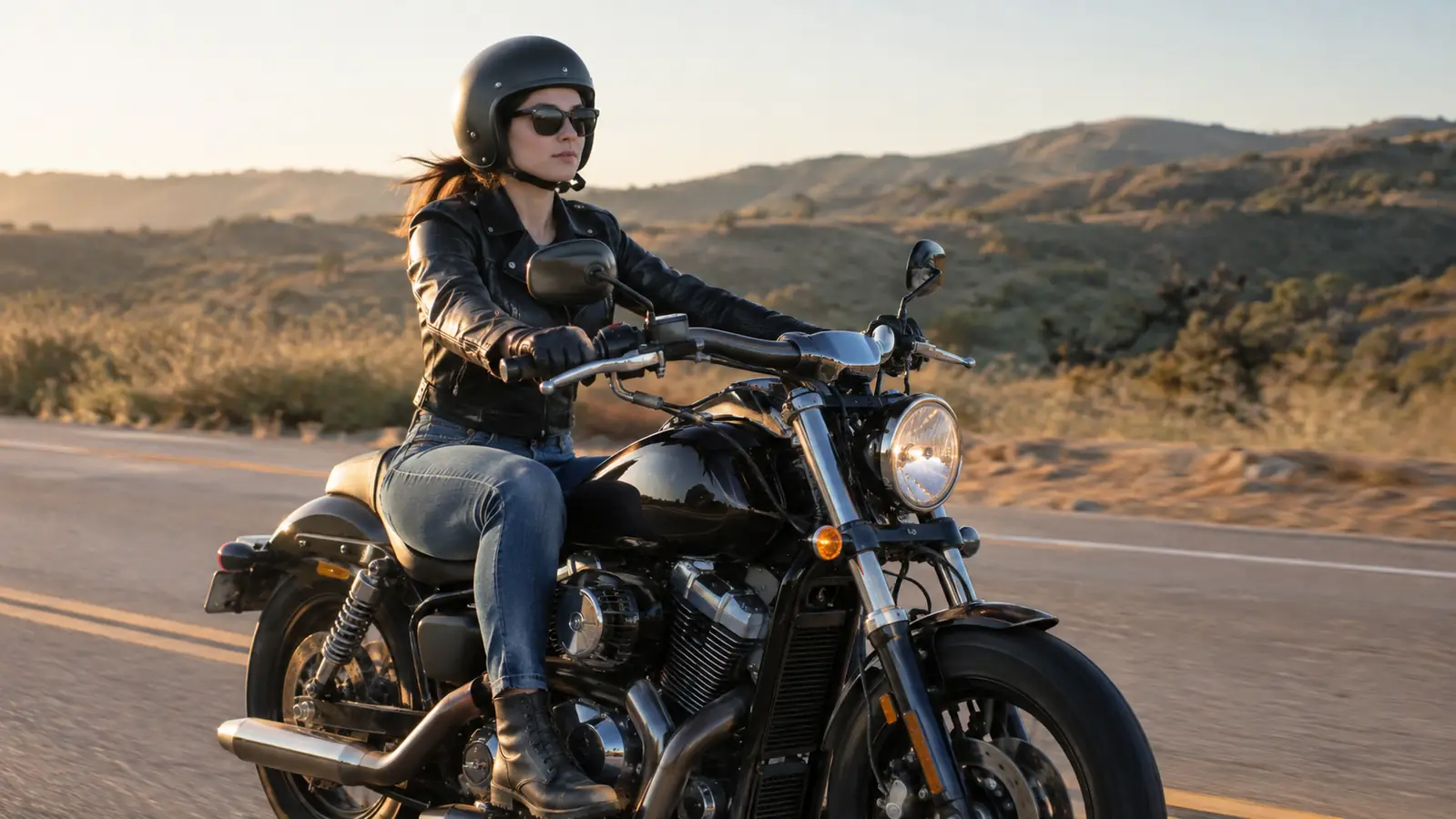 A rider wearing a half helmet on a cruiser motorcycle on a two-lane highway.