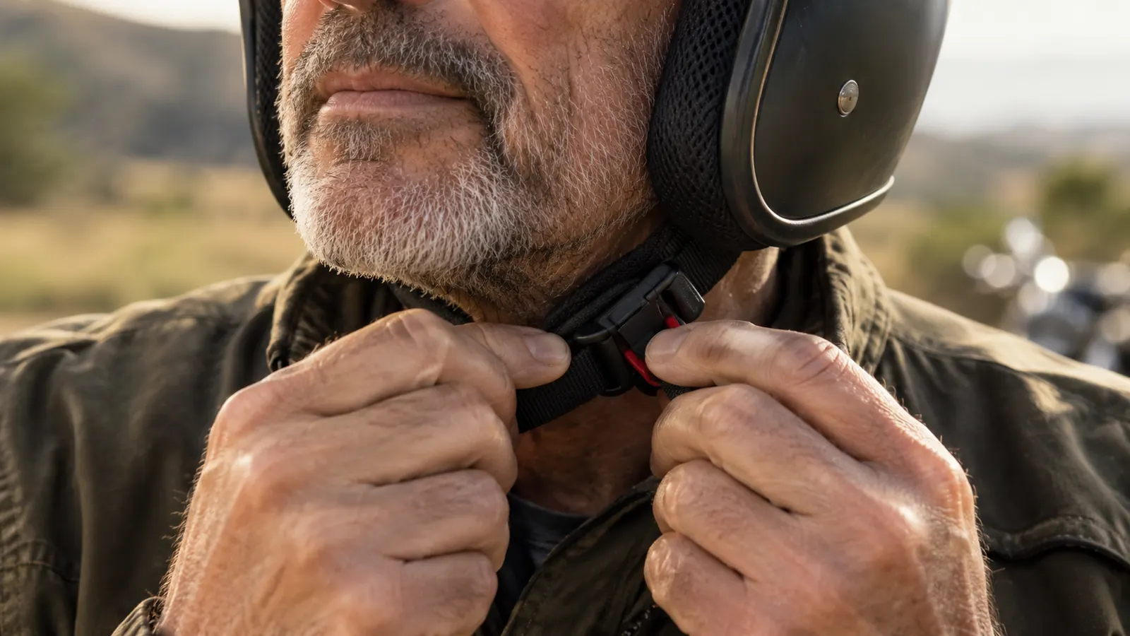 A rider's hands fastening an open-face helmet before a ride