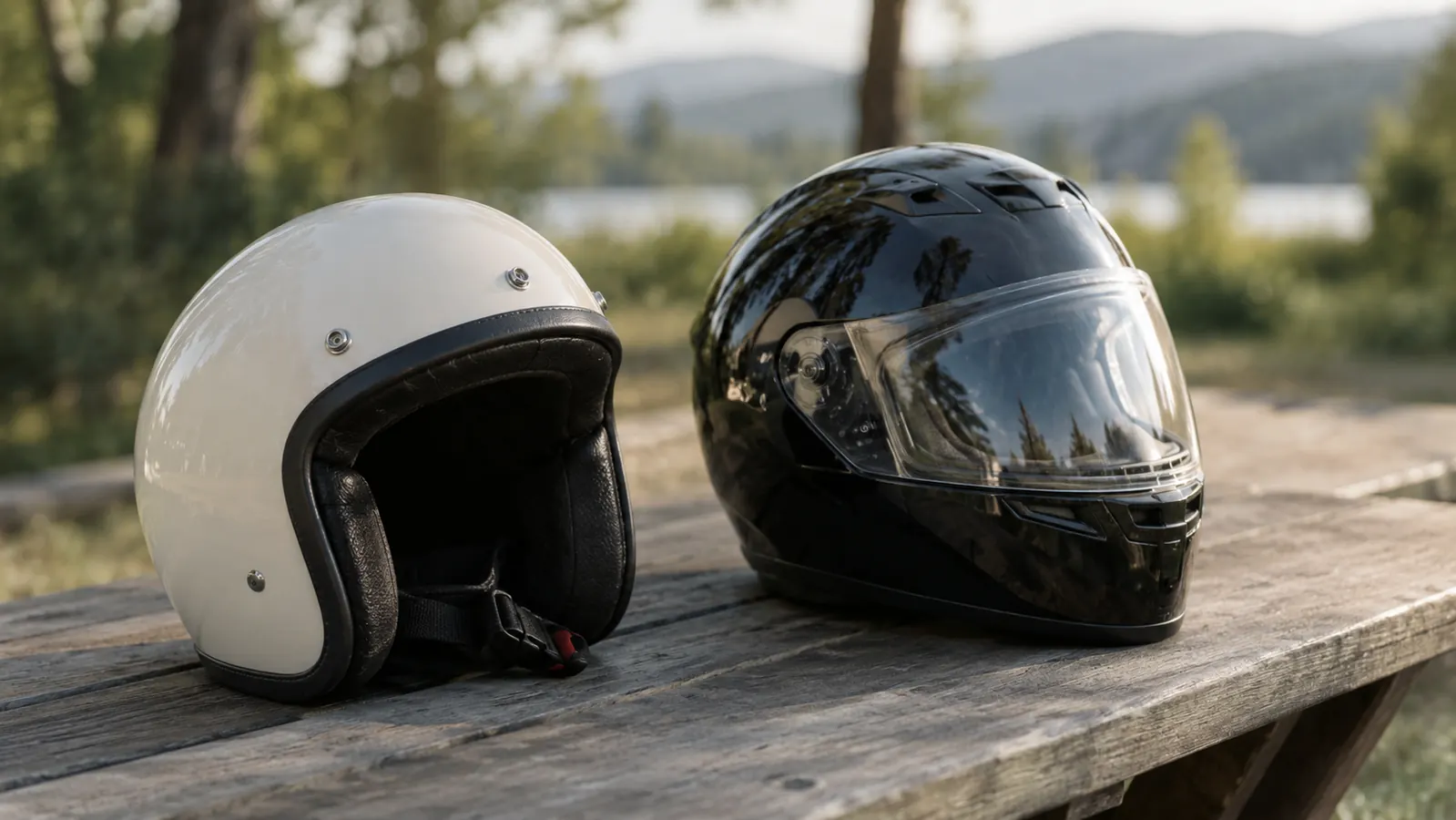 An open-face helmet and a full-face helmet side by side on a wooden picnic table